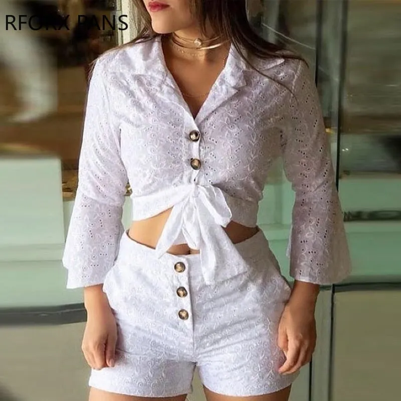 Back to College Women Broderie Lace Button-down Blouse & Shorts Sets Casual Women Sets