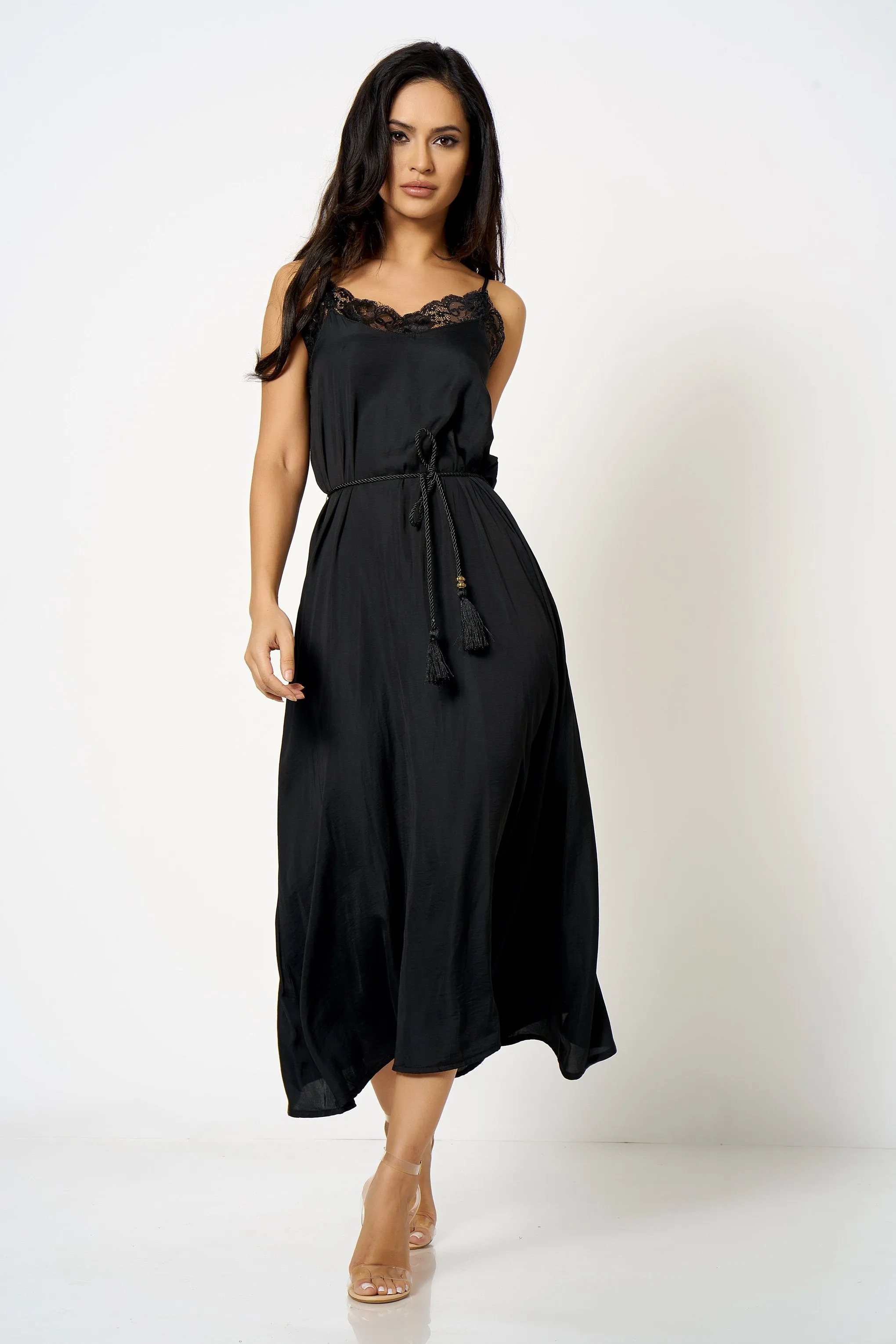 Black Lace Trim Cami Maxi Dress