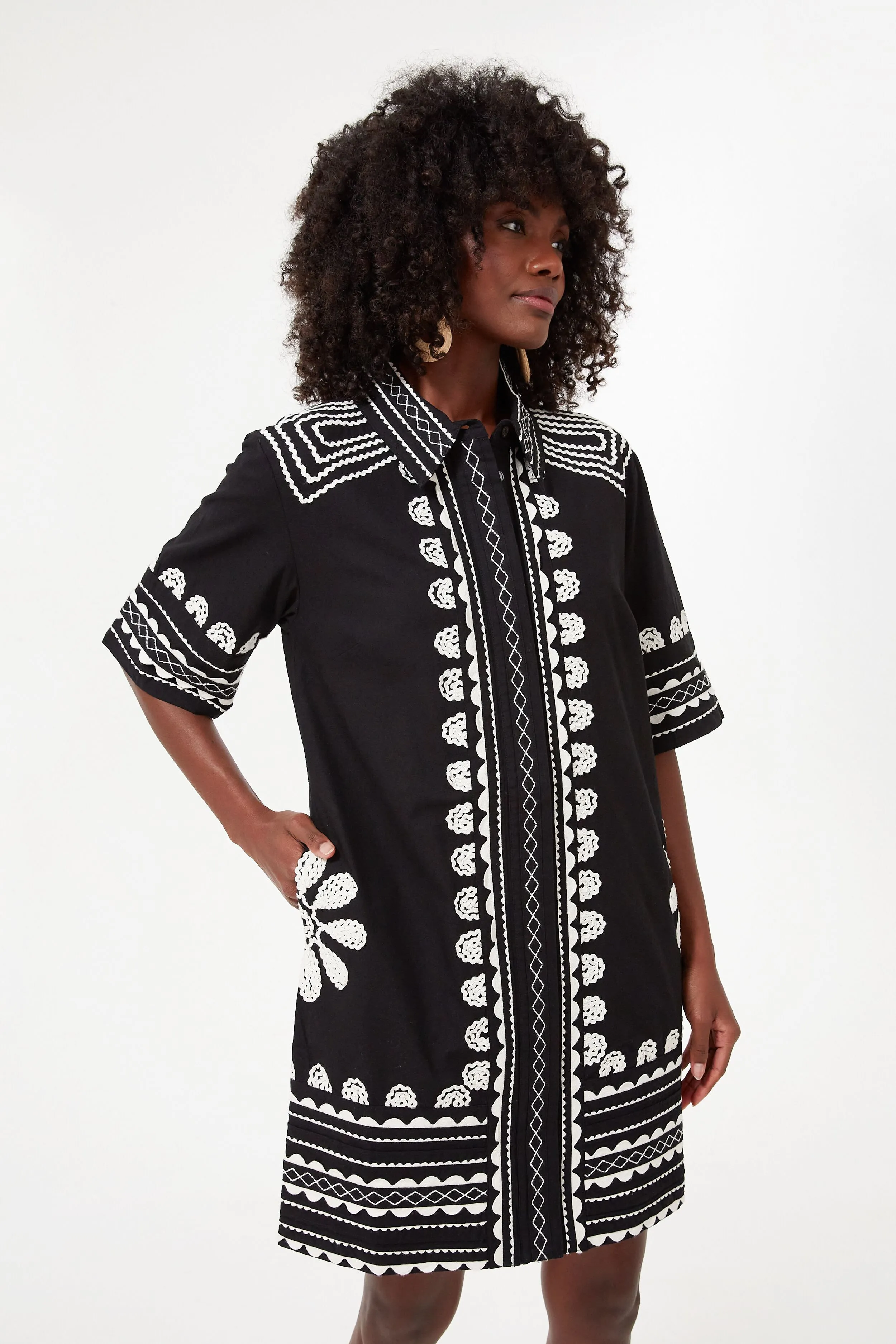 Black Ryleigh Ric Rac Short Sleeve Button Up Dress