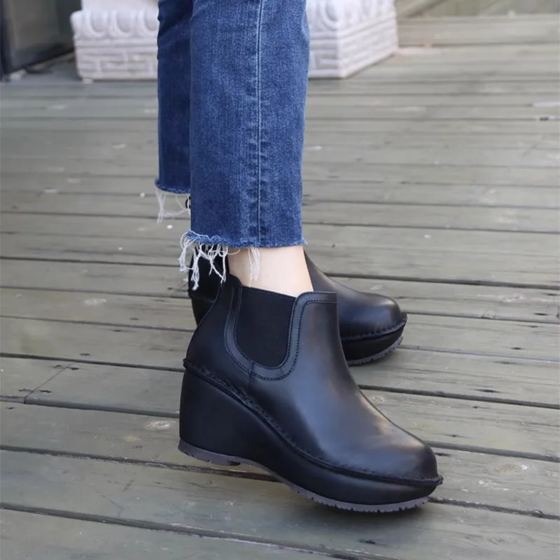 Chelsea Boots For Women Handmade Leather Short Boots Wedge Heel in Black/Apricot