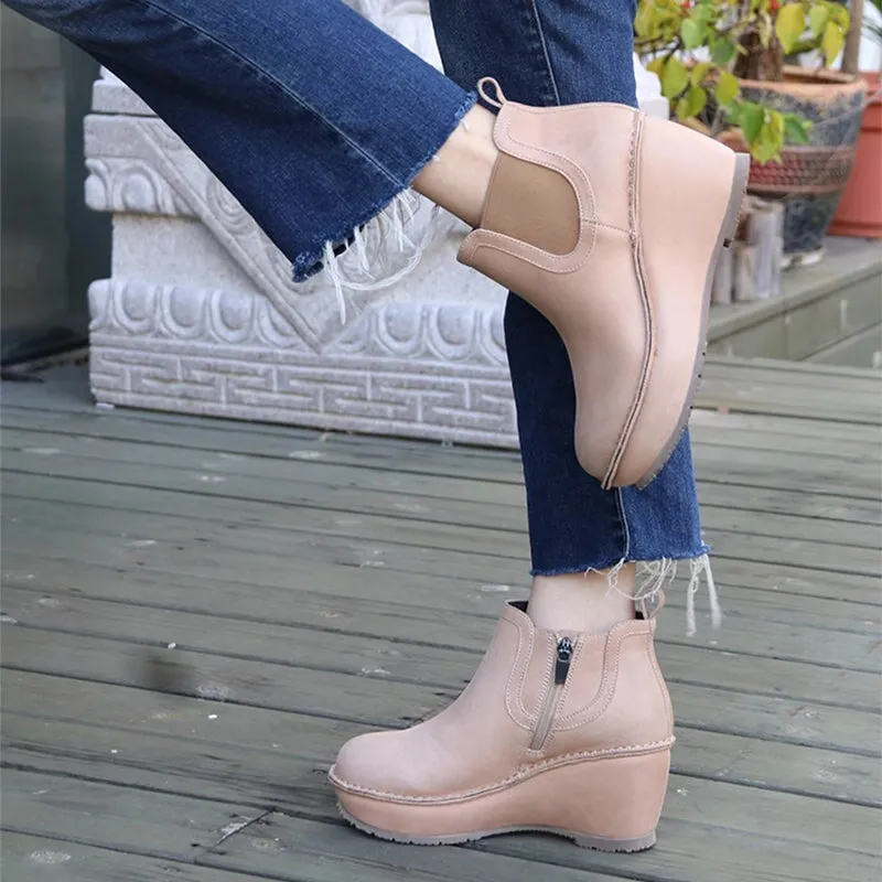 Chelsea Boots For Women Handmade Leather Short Boots Wedge Heel in Black/Apricot