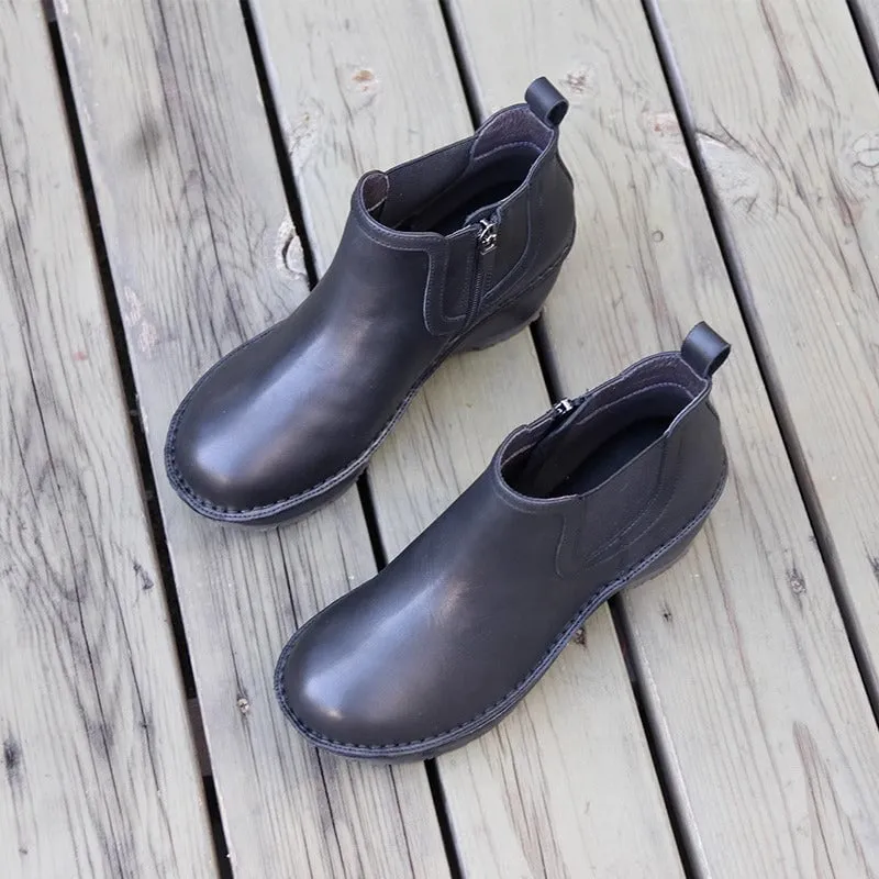 Chelsea Boots For Women Handmade Leather Short Boots Wedge Heel in Black/Apricot