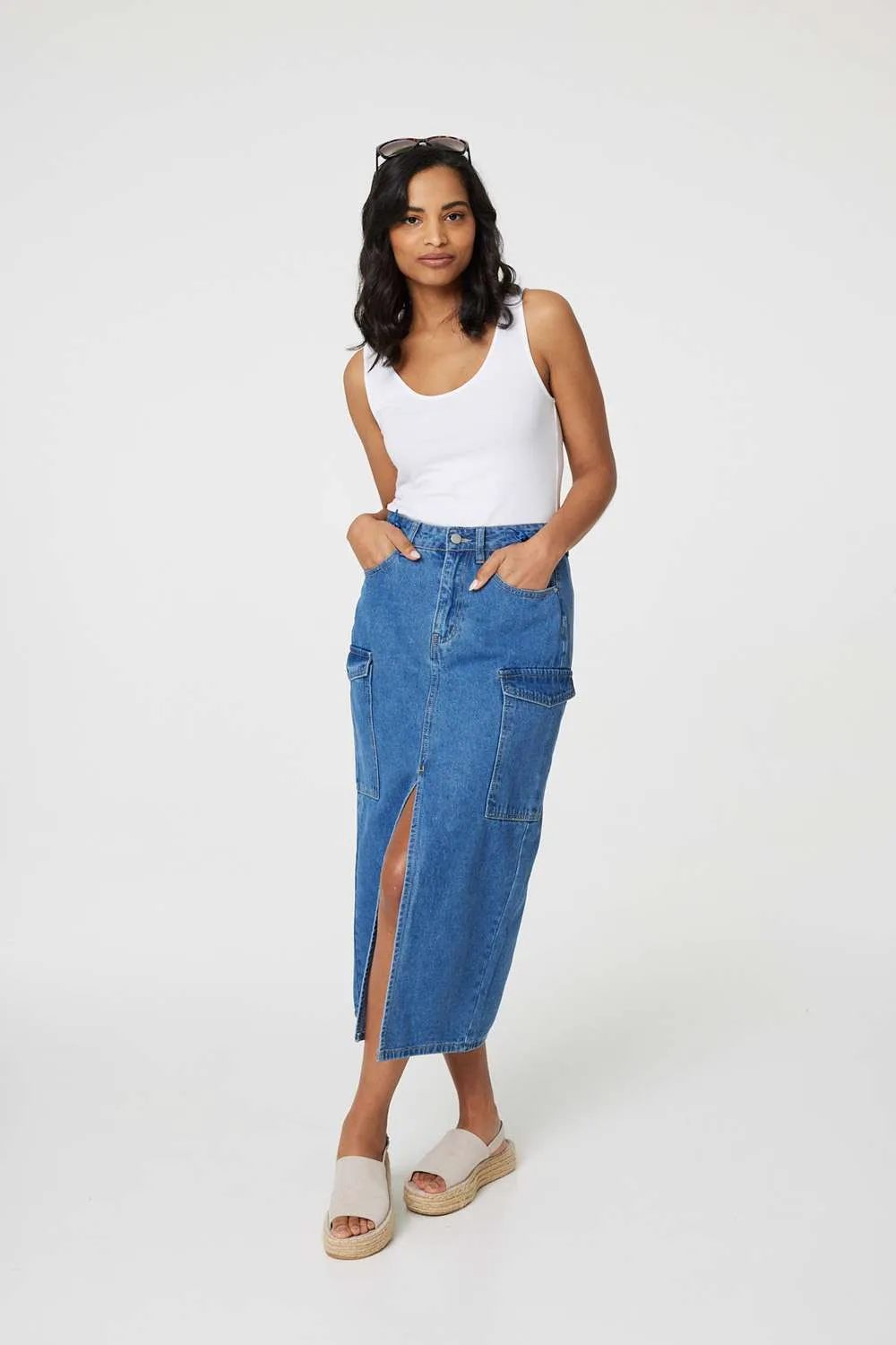 Denim High Waist Split Midi Skirt