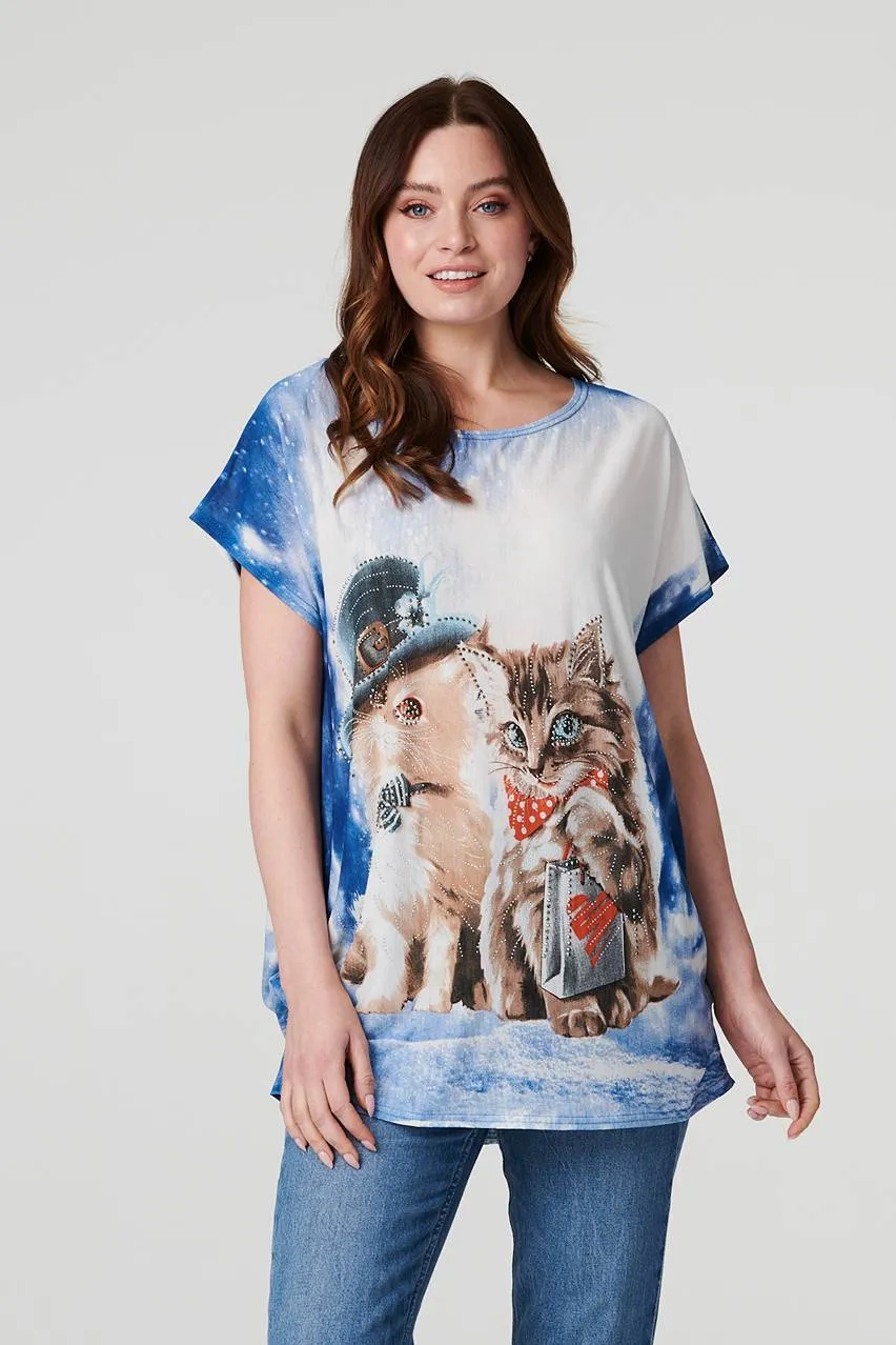 Embellished Kitten Print Top