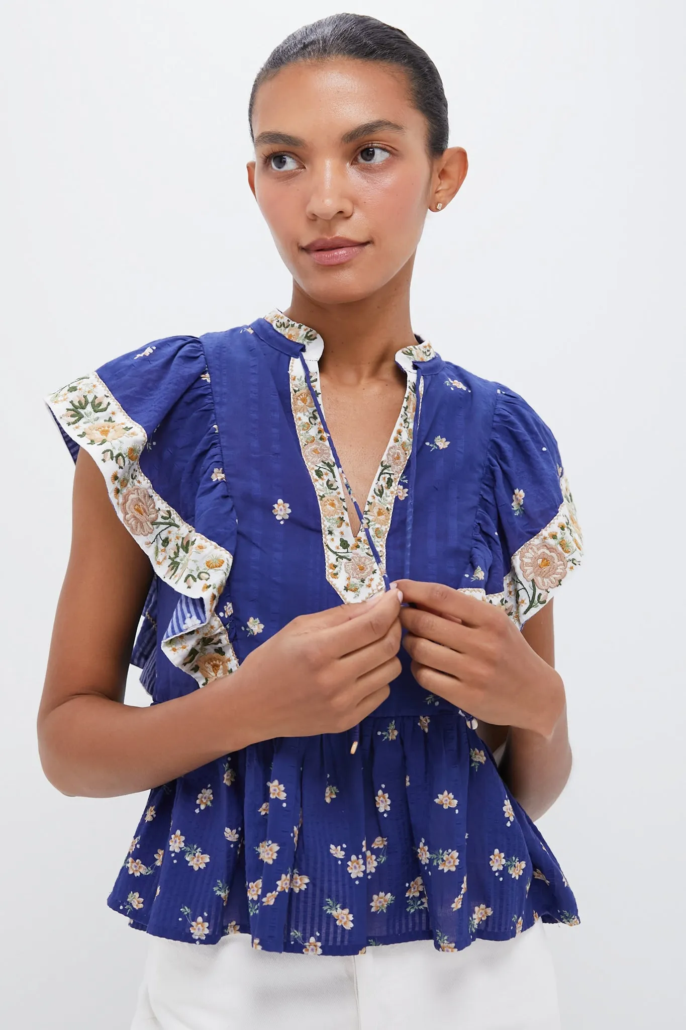 Exclusive Blue Elizabeth Print Flutter Sleeve Top