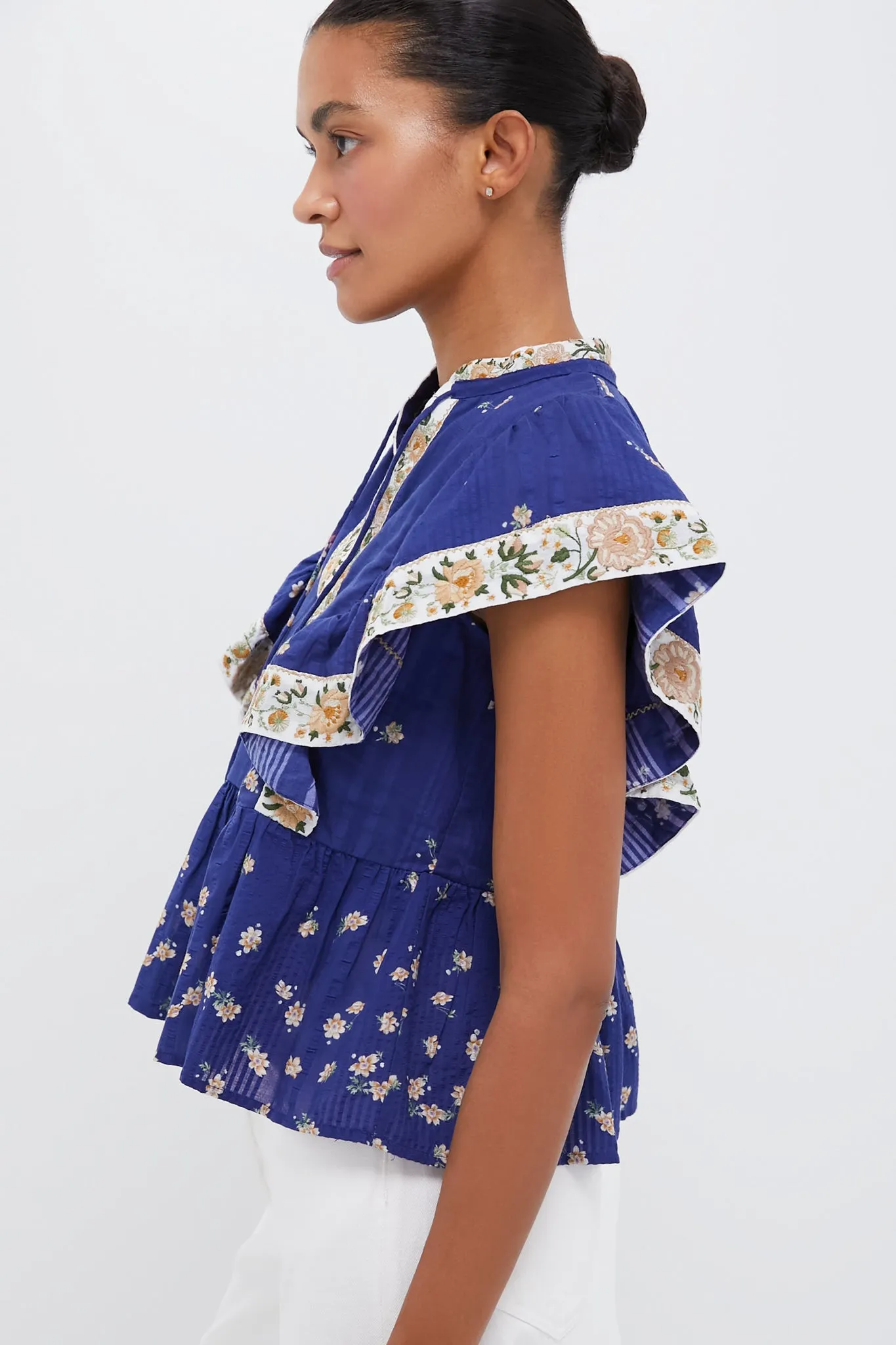 Exclusive Blue Elizabeth Print Flutter Sleeve Top