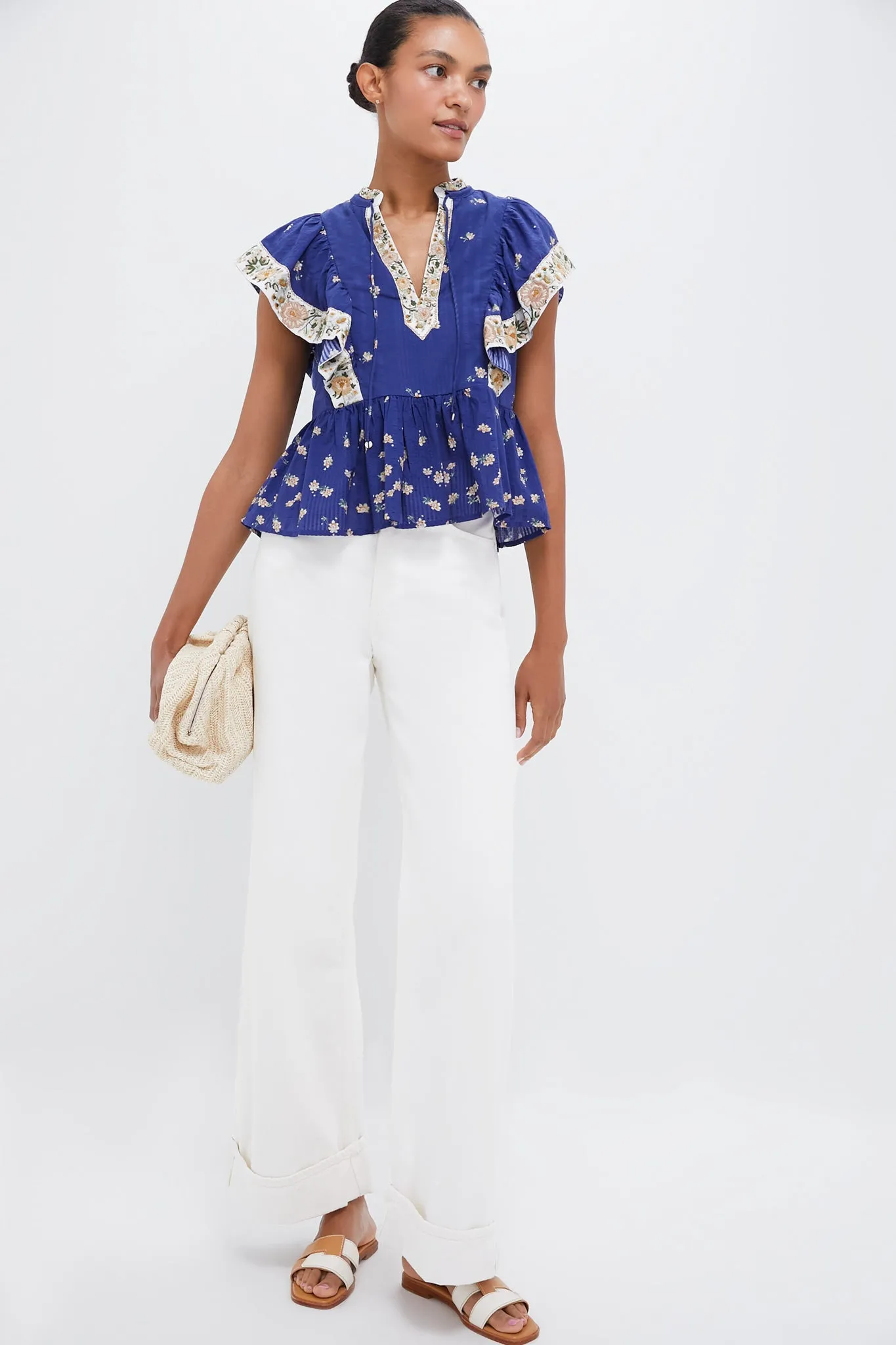 Exclusive Blue Elizabeth Print Flutter Sleeve Top