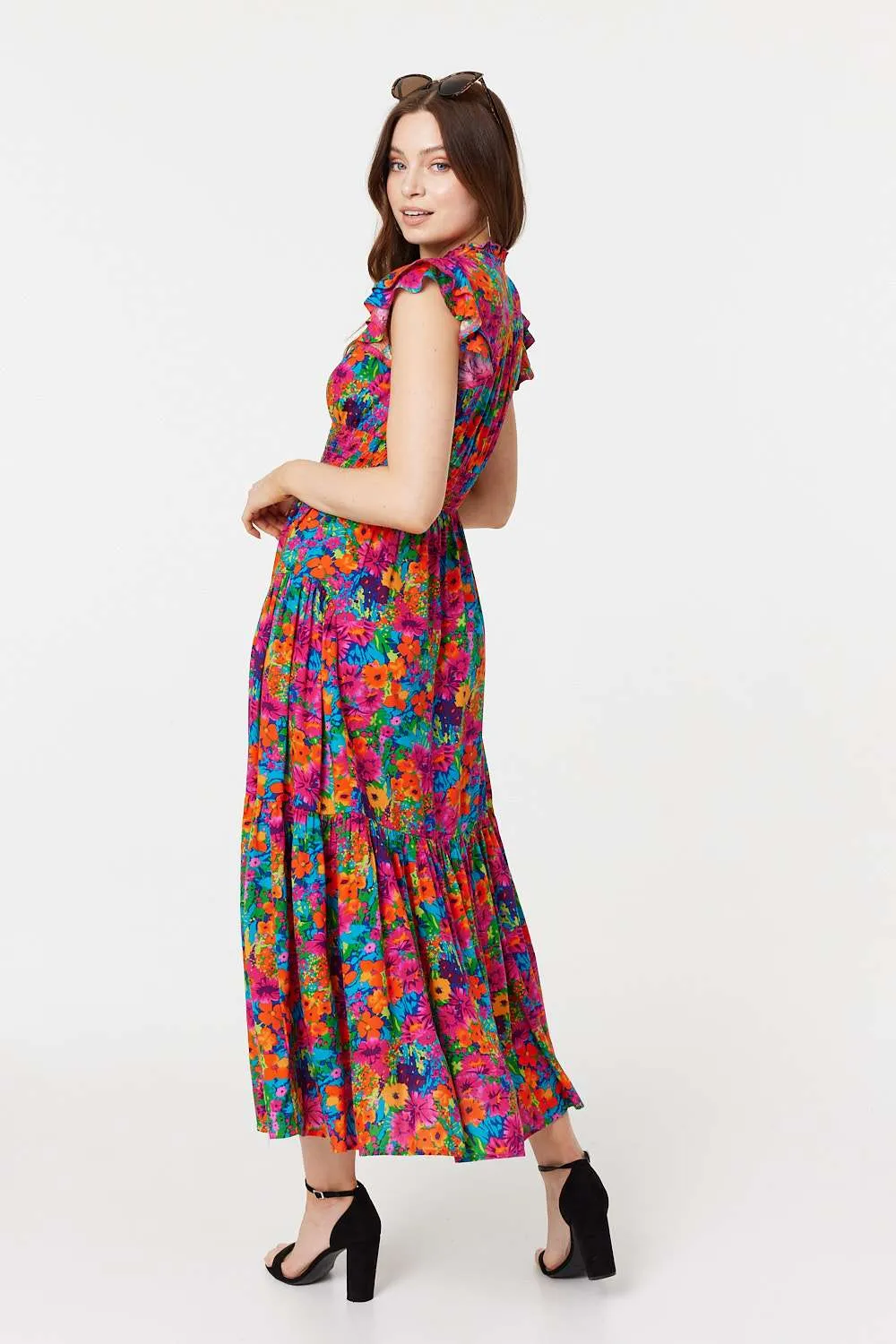 Floral Frill Cap Sleeve Midi Dress