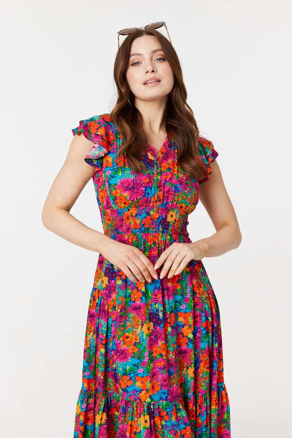 Floral Frill Cap Sleeve Midi Dress