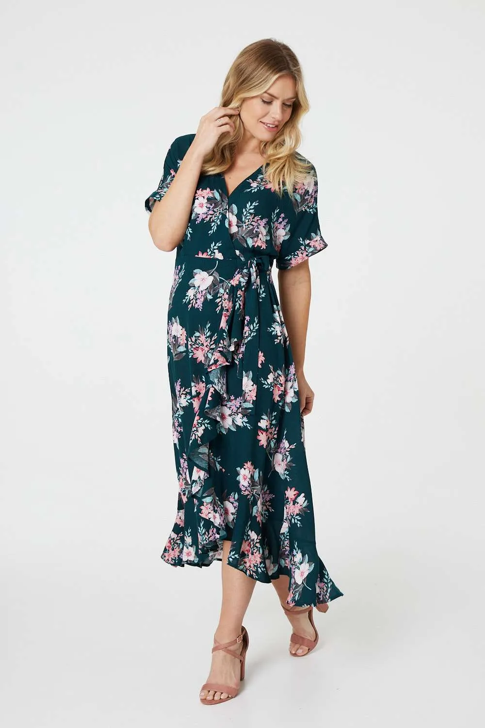 Floral Frill Hem Midi Wrap Dress