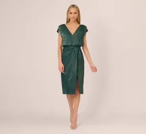 Foil Blouson Midi Dress With Faux Wrap Skirt In Dark Ivy