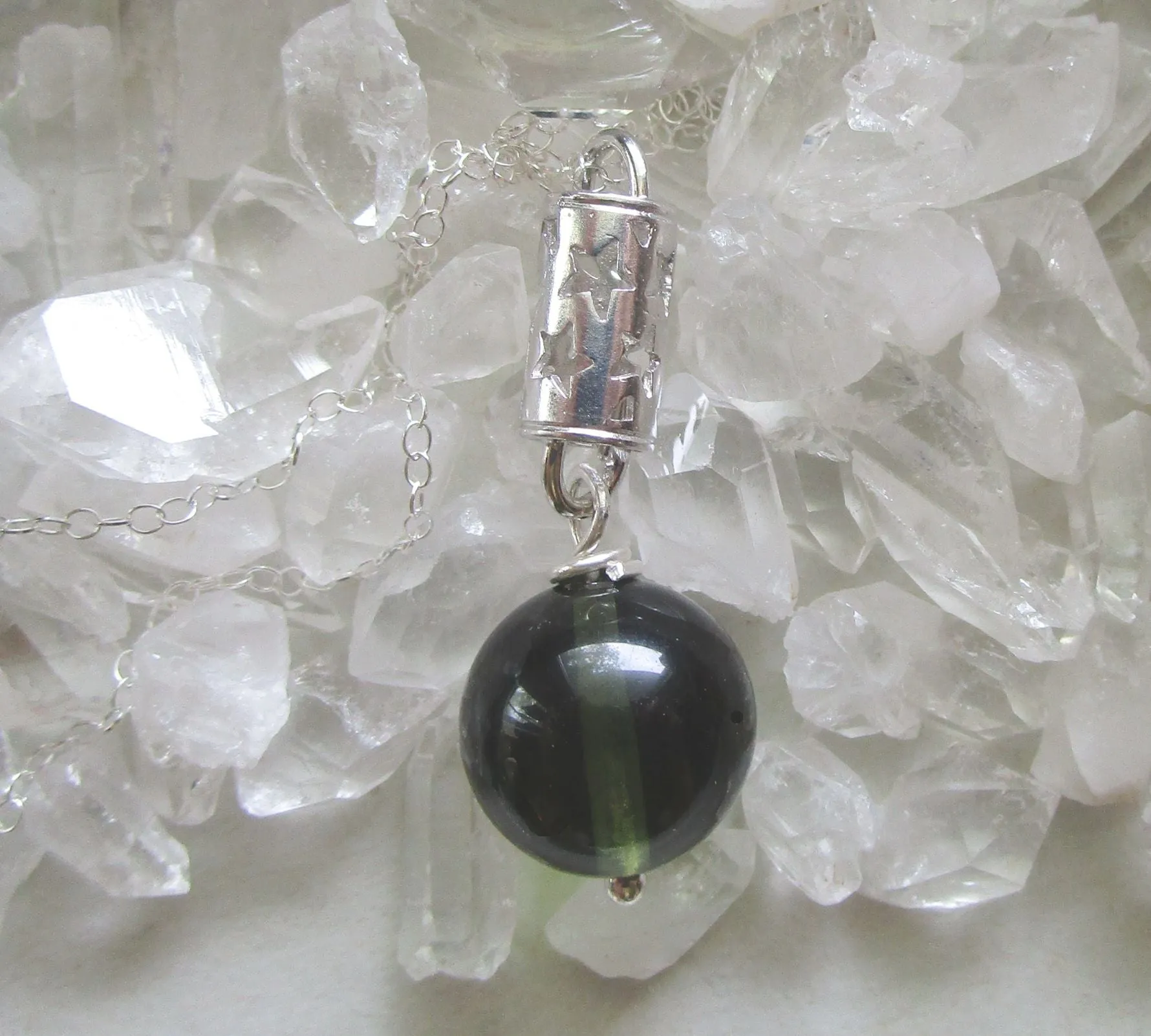 Green Moldavite Crystal Ball Sterling Silver Stars Pendant Necklace