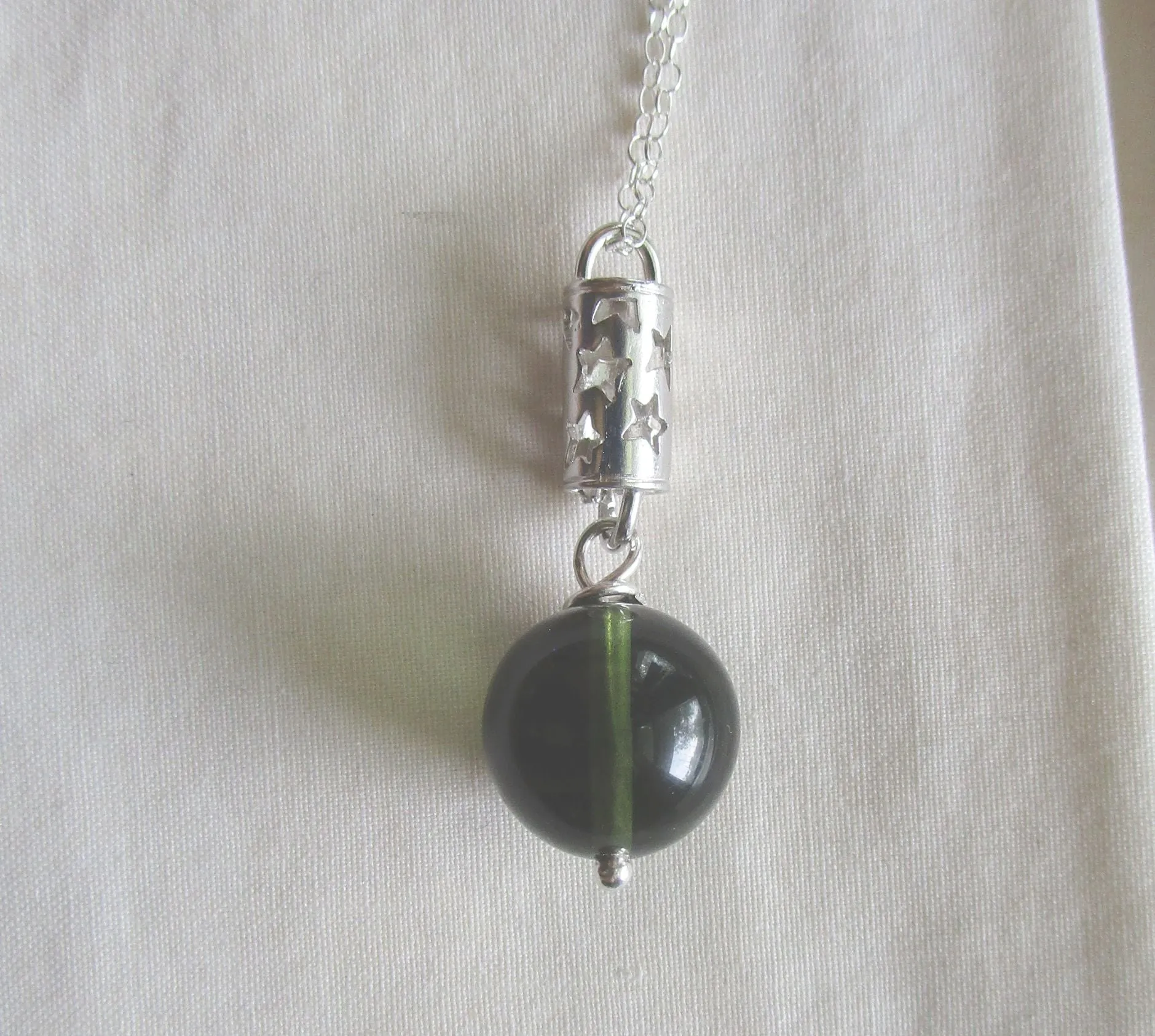 Green Moldavite Crystal Ball Sterling Silver Stars Pendant Necklace