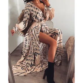 Joskaa Women Spring Summer Autumn Dress Letter Print Boho V-neck Long Dress Slit Maxi Dress Beach Robe Femme Casual Loose Dresses