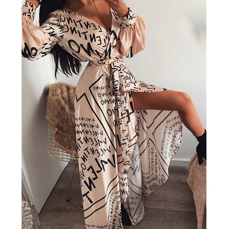 Joskaa Women Spring Summer Autumn Dress Letter Print Boho V-neck Long Dress Slit Maxi Dress Beach Robe Femme Casual Loose Dresses