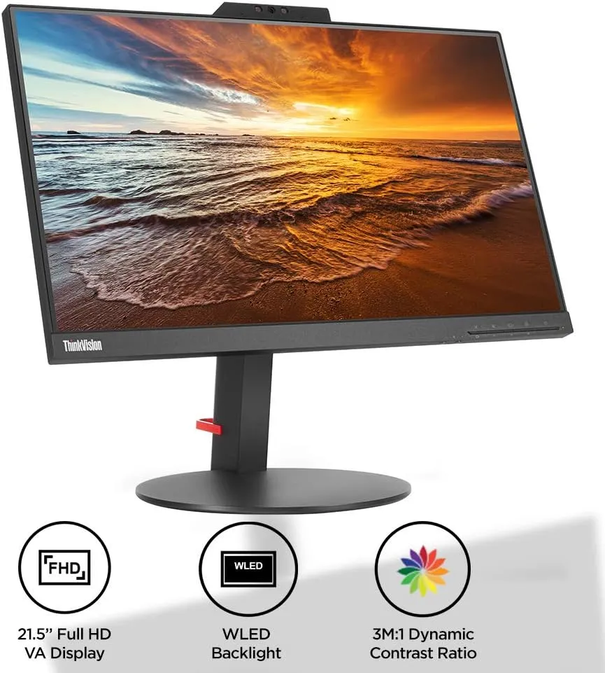 Lenovo ThinkVision T22v-10 21.5" Full HD IPS (1920 x 1080P) 60 Hz (Borderless/Frameless) - HDMI, VGA, DP ports, USB3.0, fully functional stand with Camera, Speaker & Mic | OPEN-BOX - 60 DAYS WARRANTY