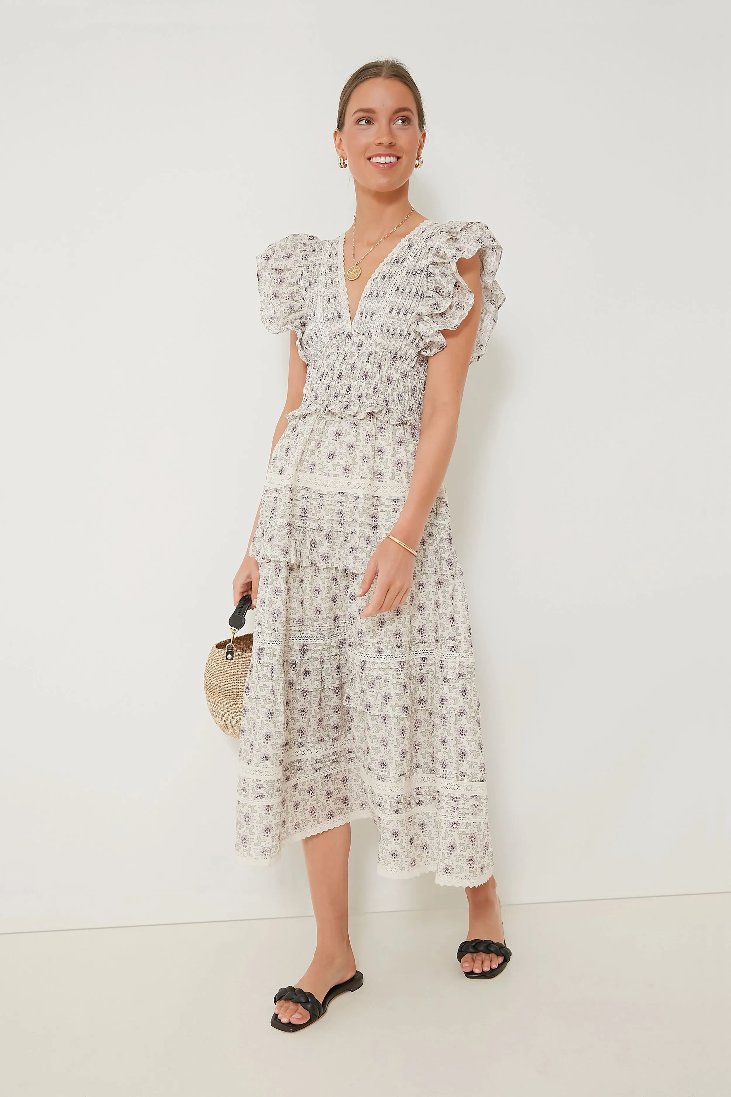 Lilac Yvonne Print Flutter Sleeve Dress