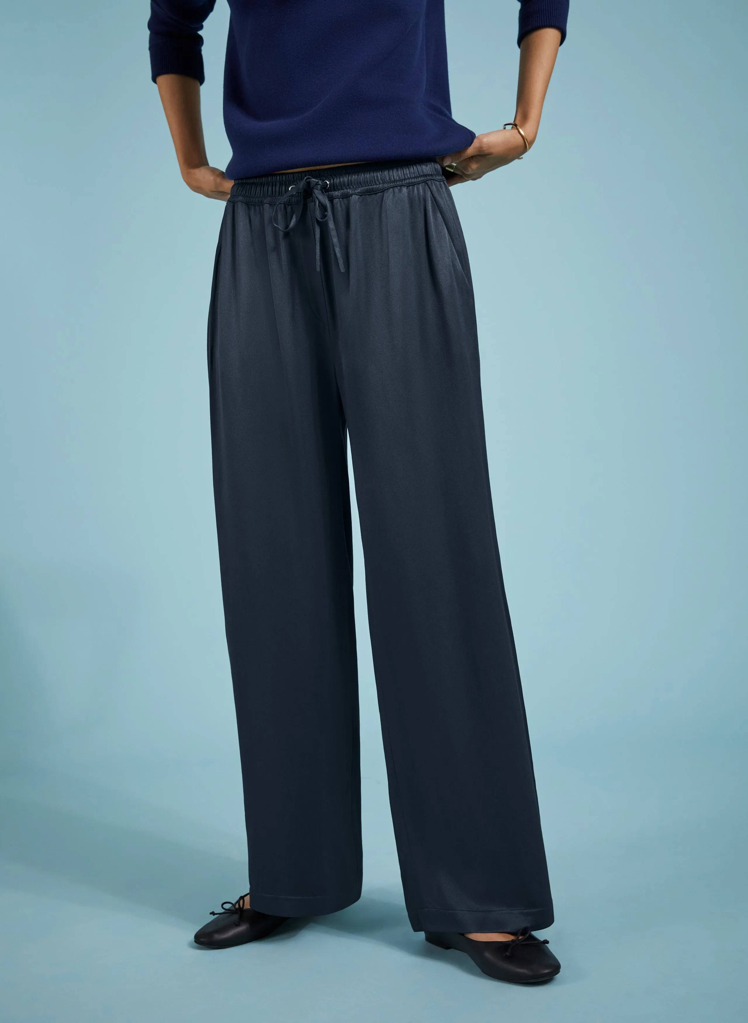 Monica Satin Wide Leg Trousers | Navy