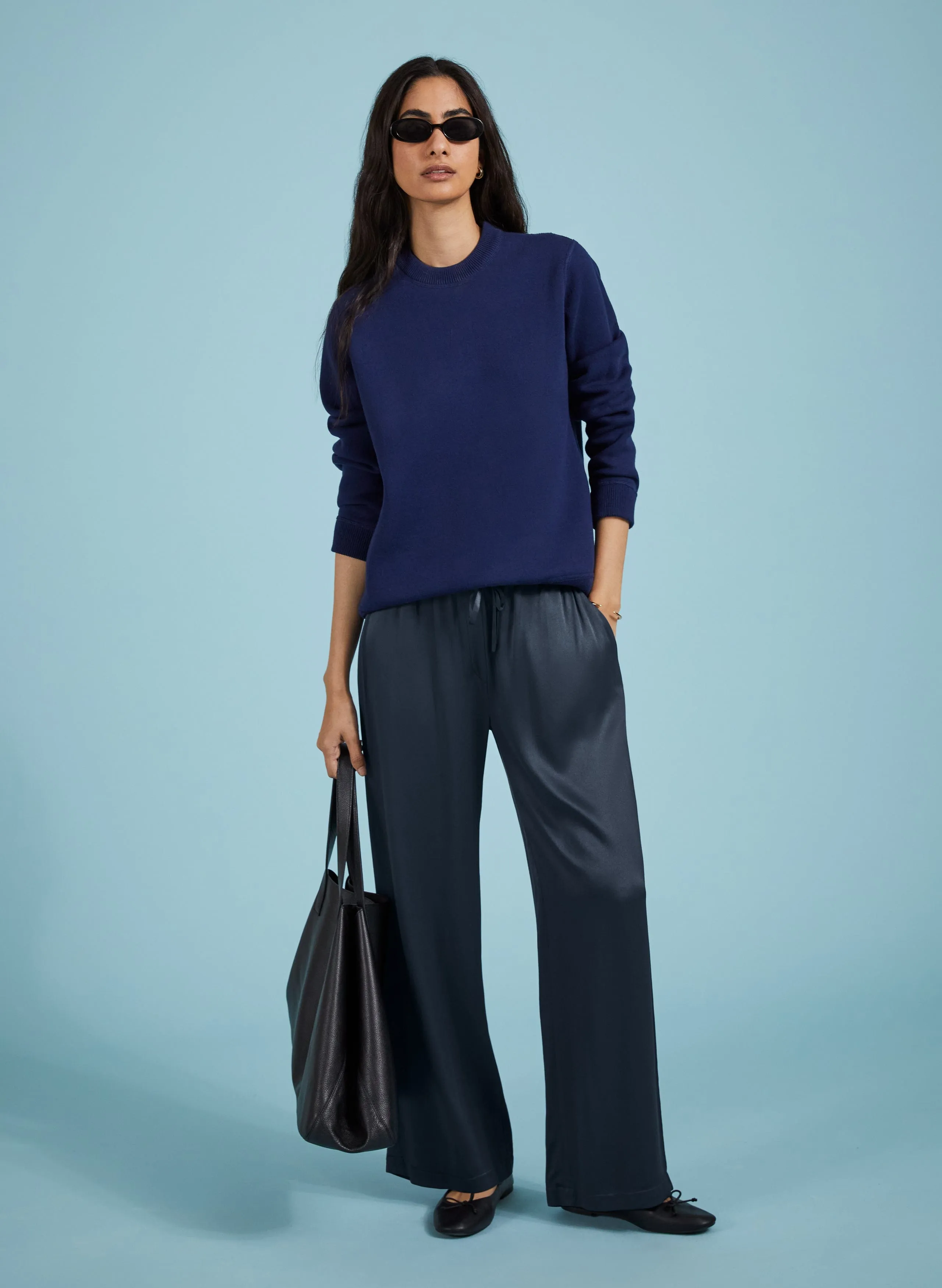 Monica Satin Wide Leg Trousers | Navy