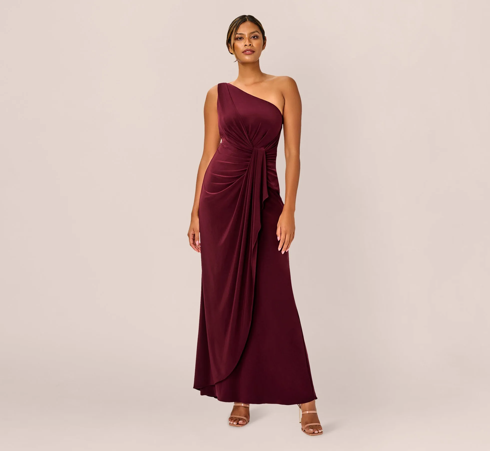 One Shoulder Dress With Draped Waist Detail In Red Wine