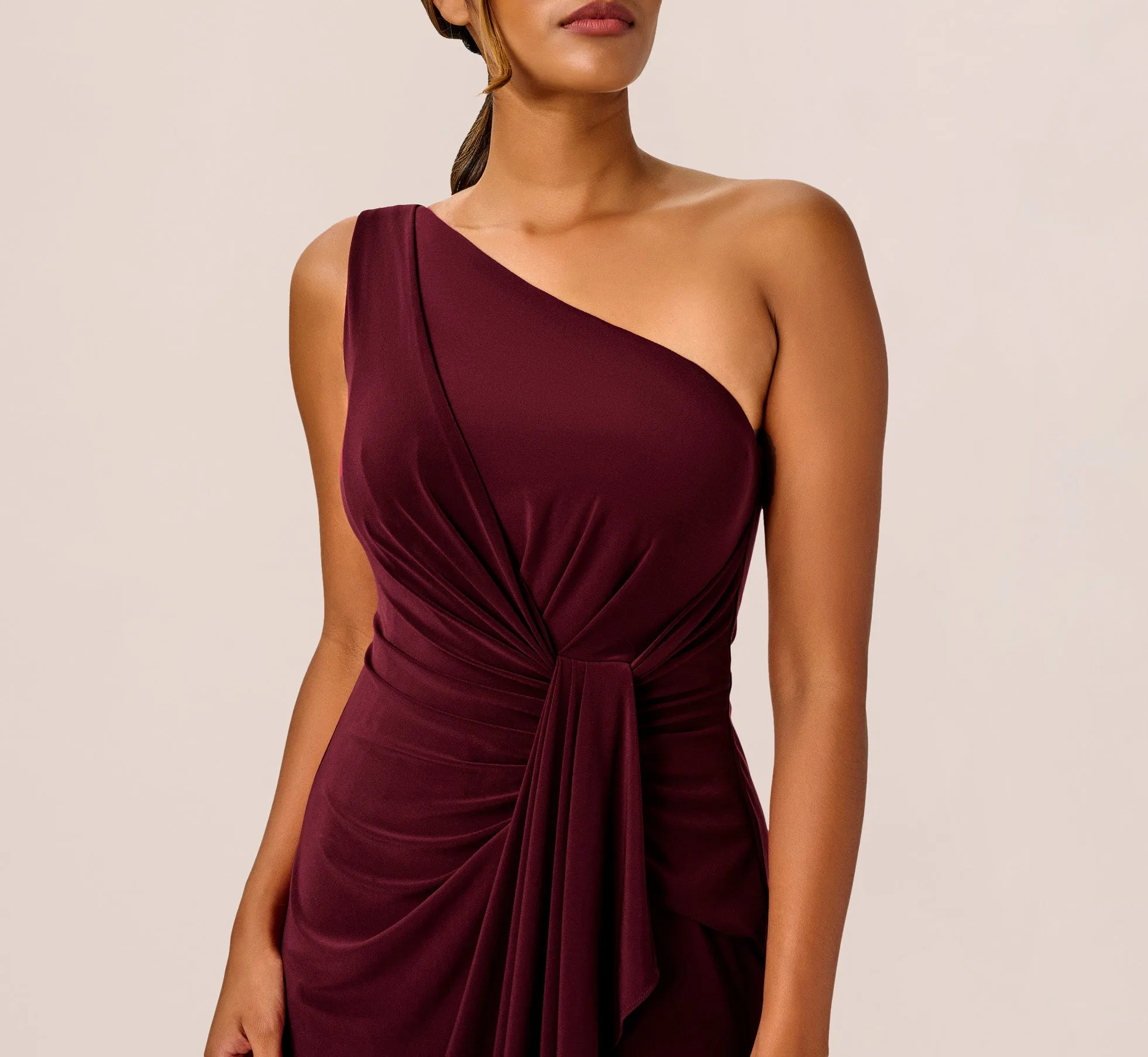 One Shoulder Dress With Draped Waist Detail In Red Wine