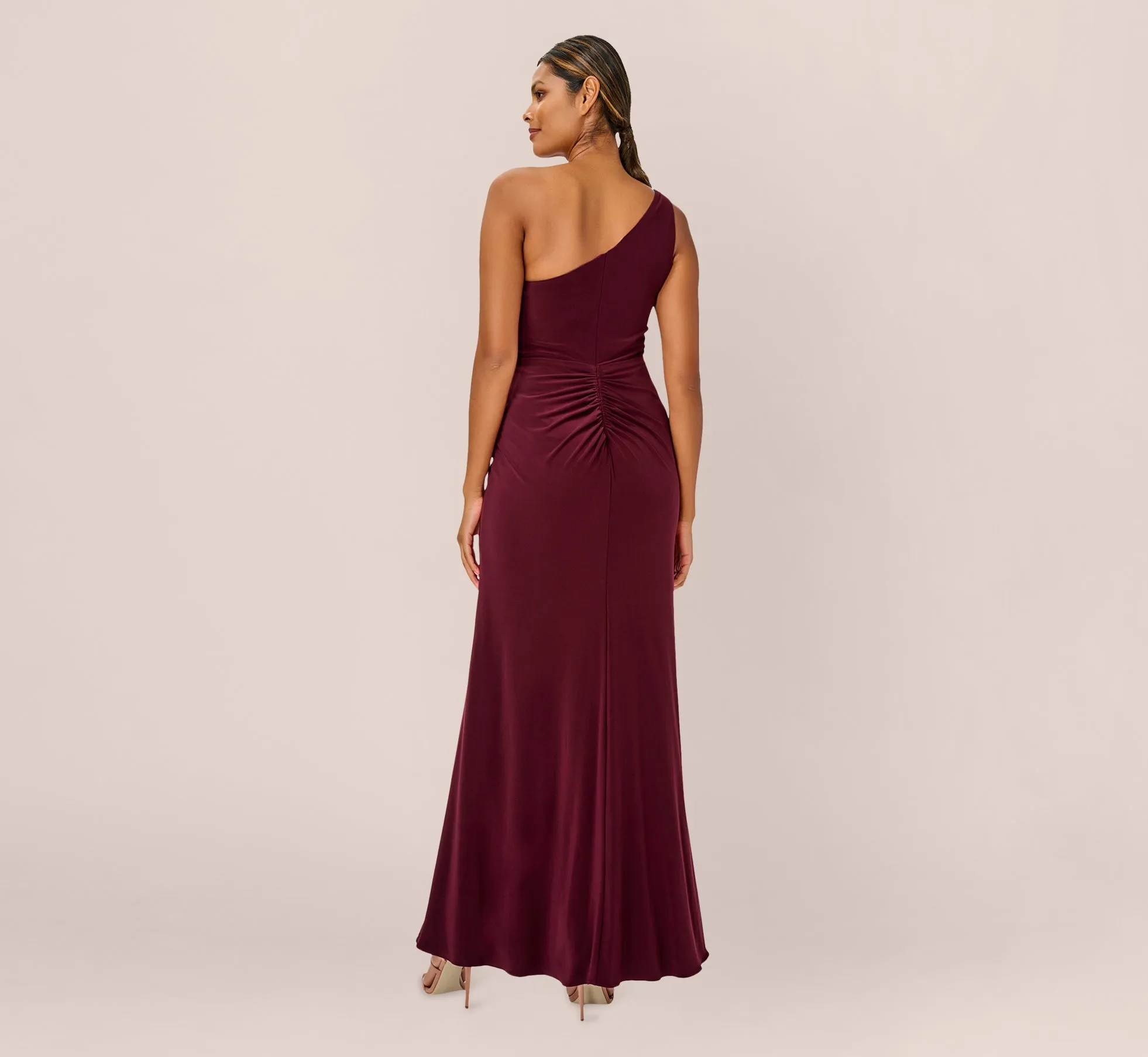 One Shoulder Dress With Draped Waist Detail In Red Wine