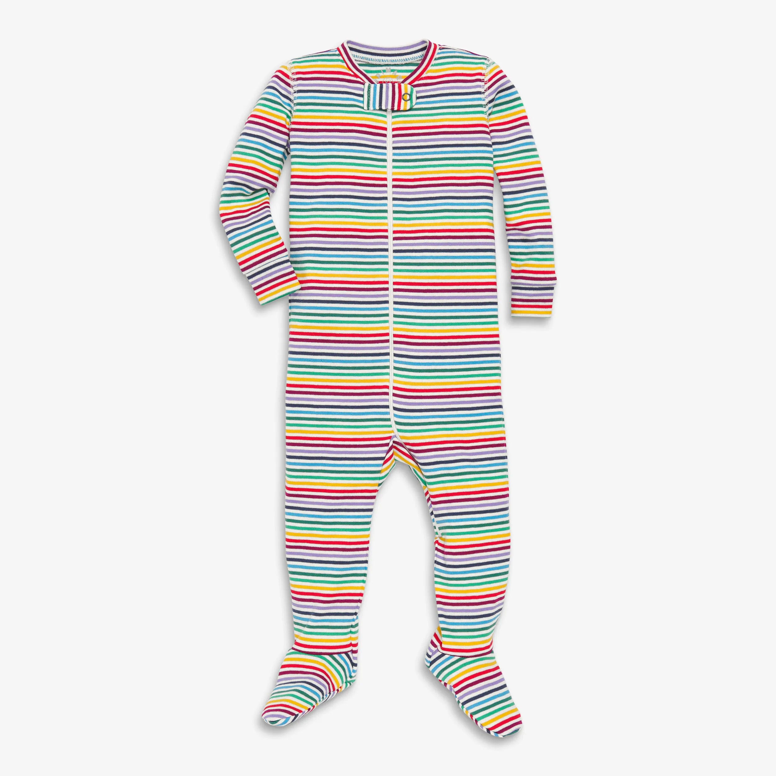 Organic zip footie in mini rainbow stripe