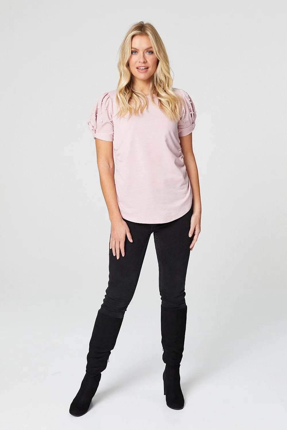 Pearl Embellished Short Sleeve T-Shirt