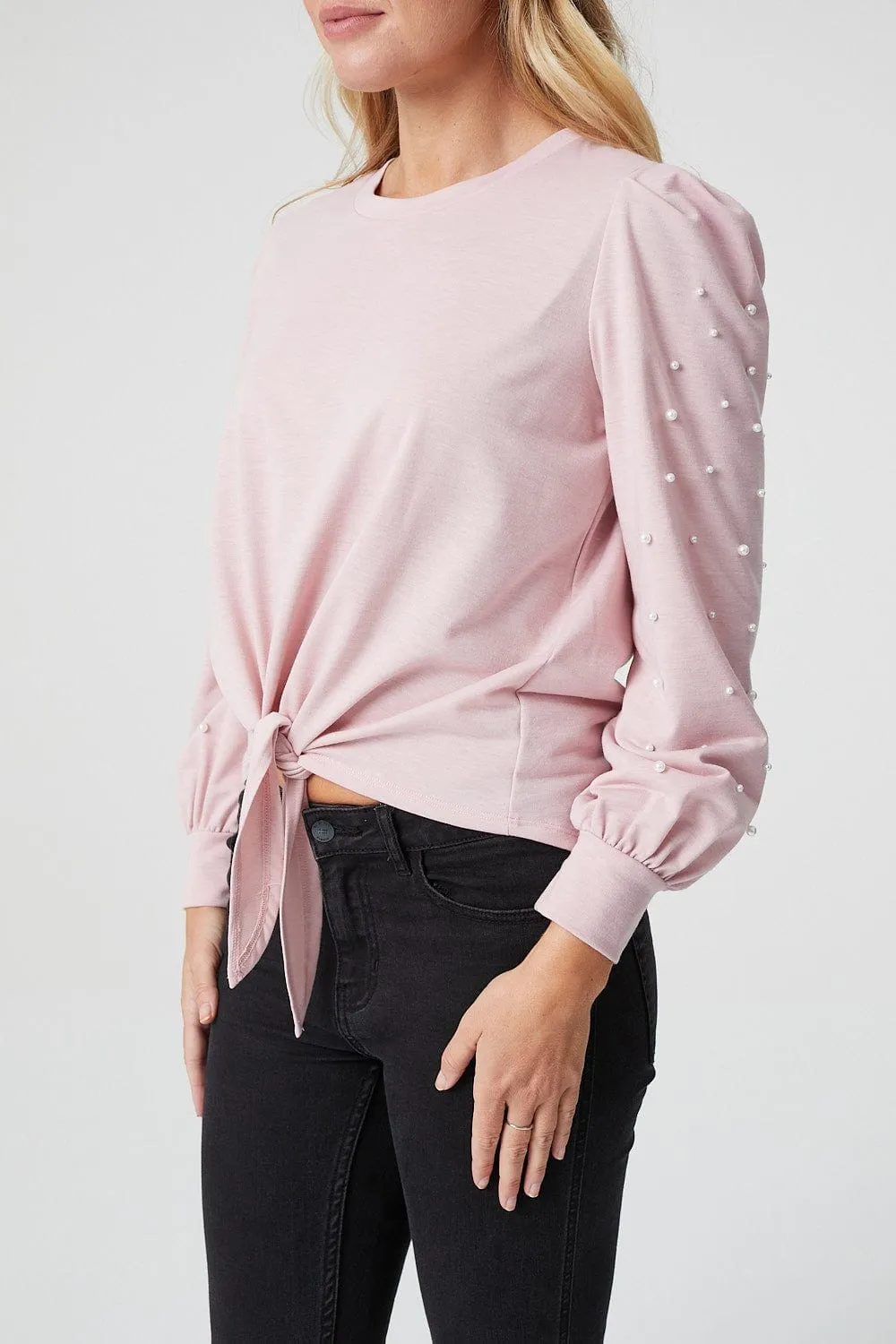 Pearl Embellished Tie Front Crop Top