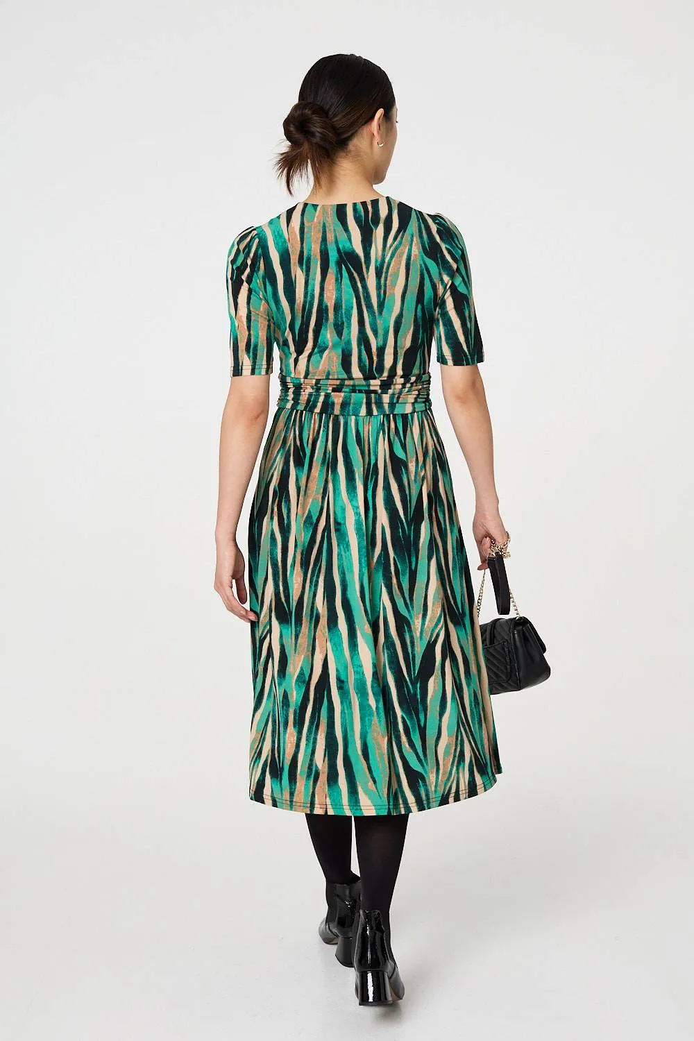 Printed 1/2 Sleeve Wrap Waist Midi Dress