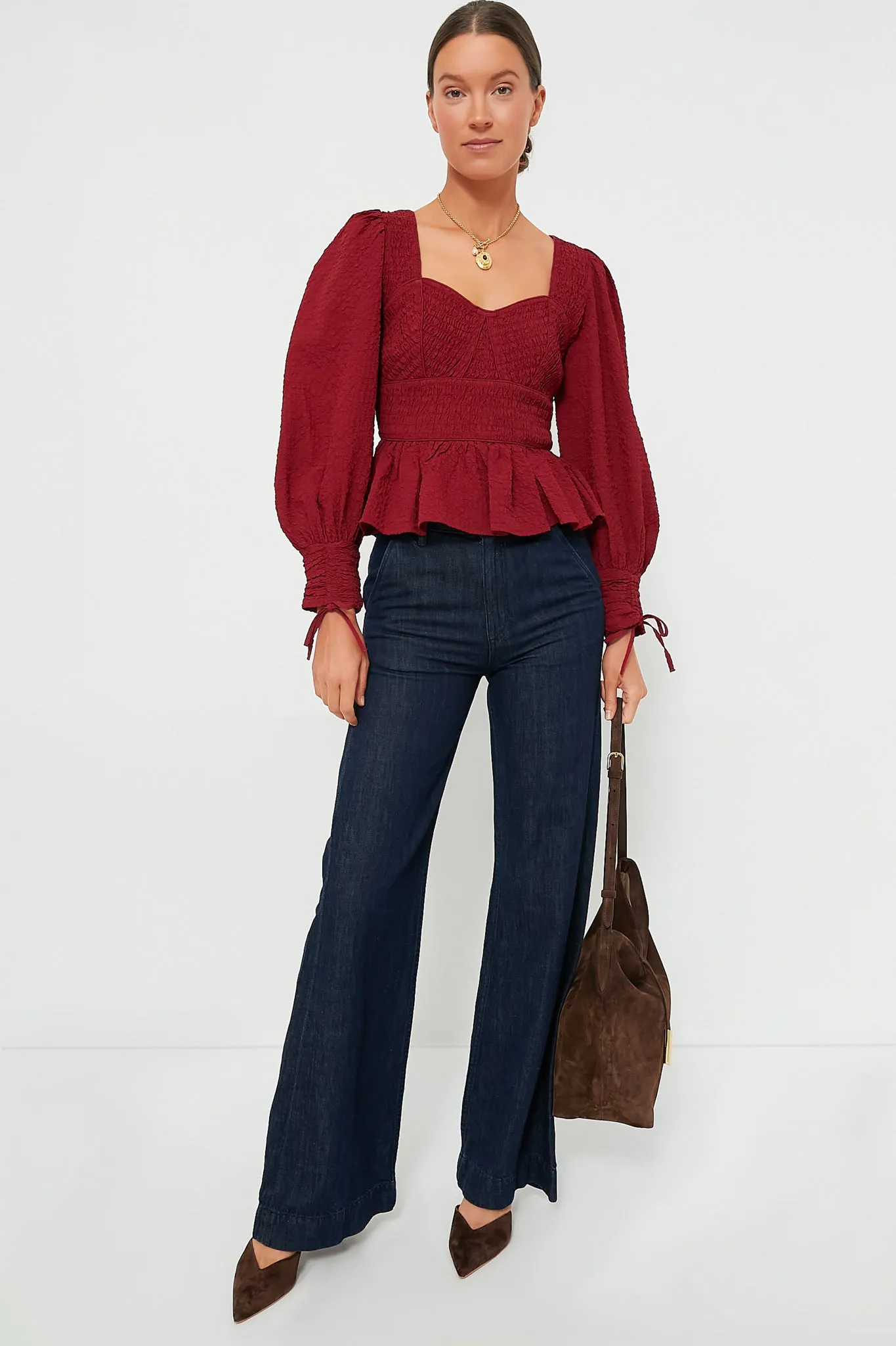 Red Regina Seersucker Longsleeve Top