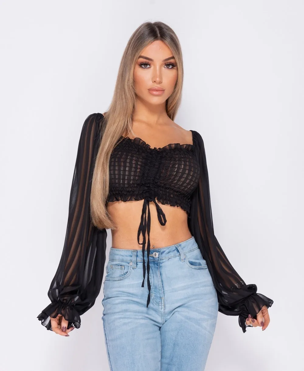 Shirring Detail Tie Front Full Sleeve Crop Top