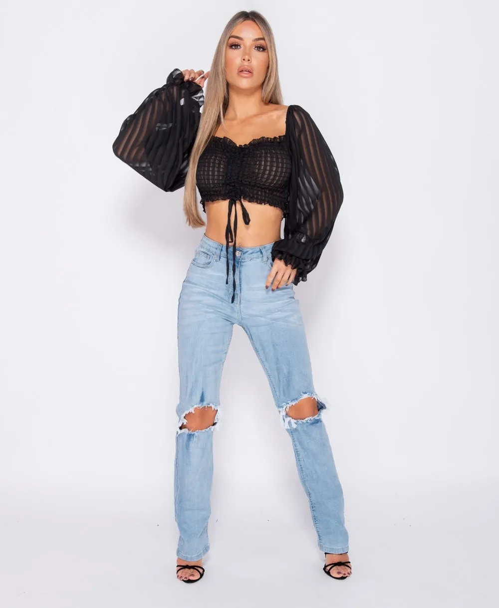 Shirring Detail Tie Front Full Sleeve Crop Top