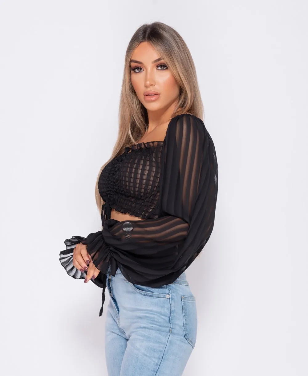 Shirring Detail Tie Front Full Sleeve Crop Top