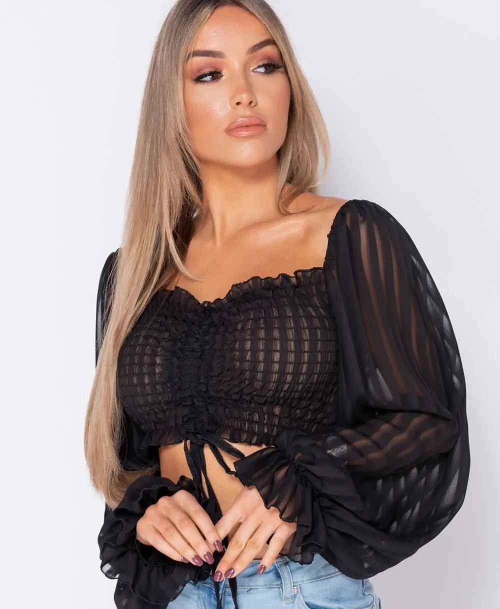 Shirring Detail Tie Front Full Sleeve Crop Top