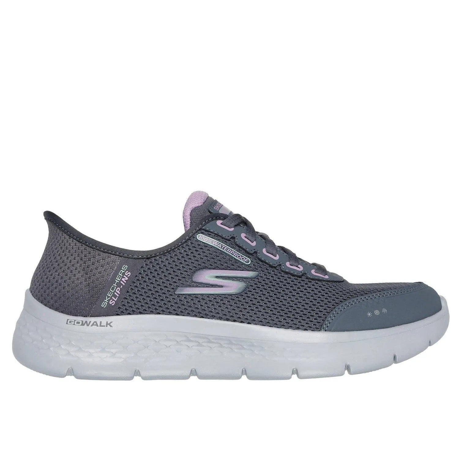 Skechers 124846 Go Walk Flex - Clear Hands Free Ladies Charcoal Lavender Textile Waterproof Vegan Slip On Trainers