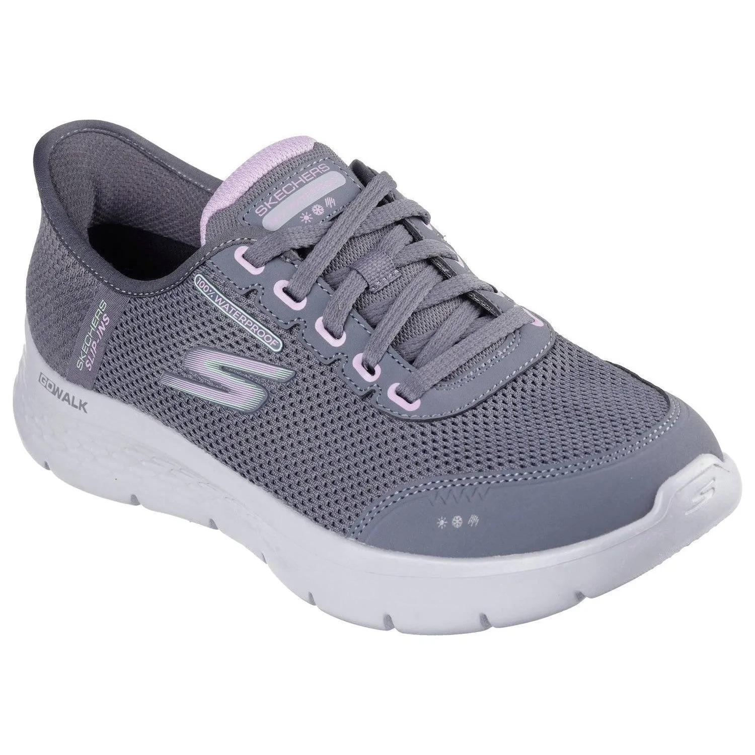 Skechers 124846 Go Walk Flex - Clear Hands Free Ladies Charcoal Lavender Textile Waterproof Vegan Slip On Trainers