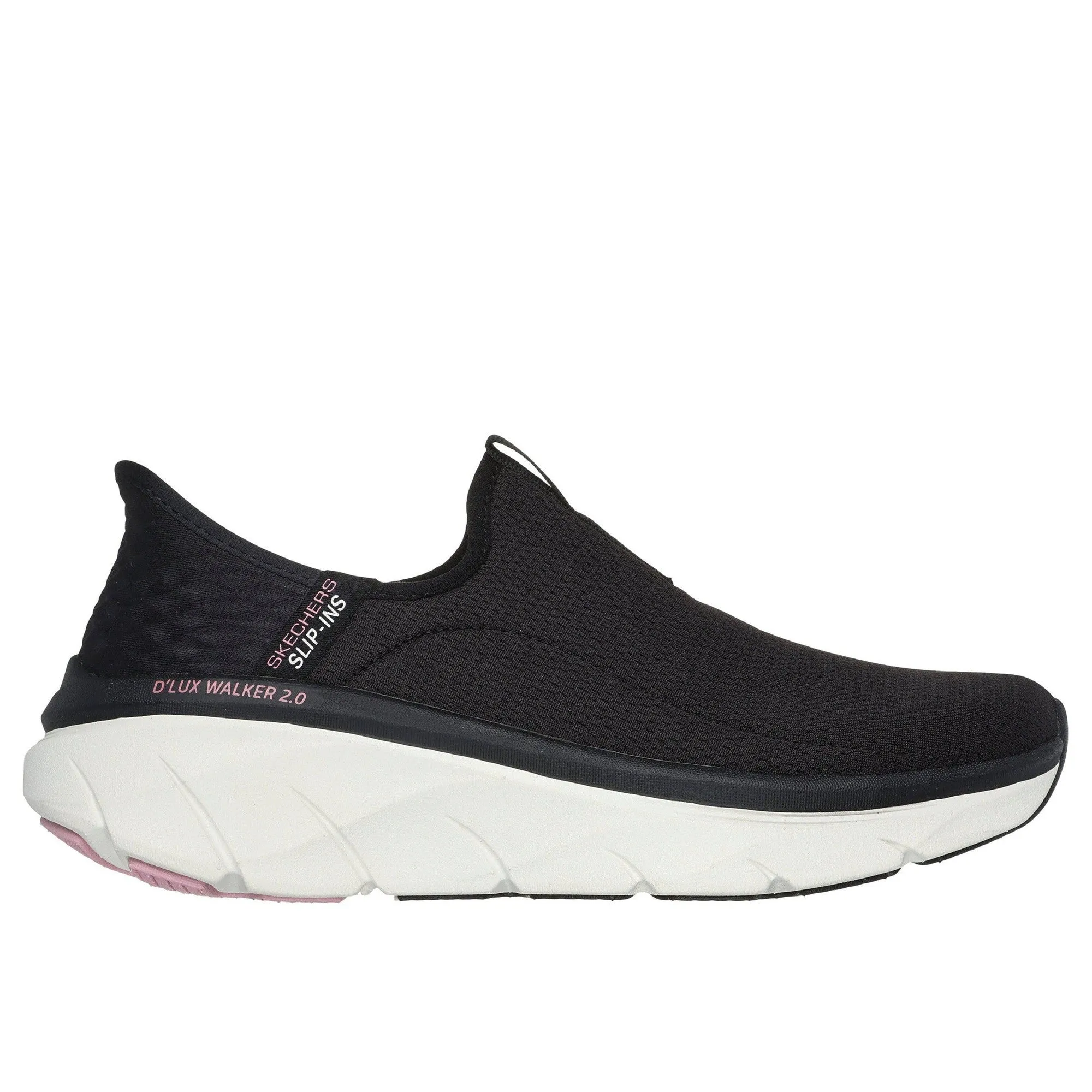 Skechers 150099 D'lux Walker 2.0-Happy Step Slip Ins Ladies Black Pink Textile Vegan Slip On Trainers