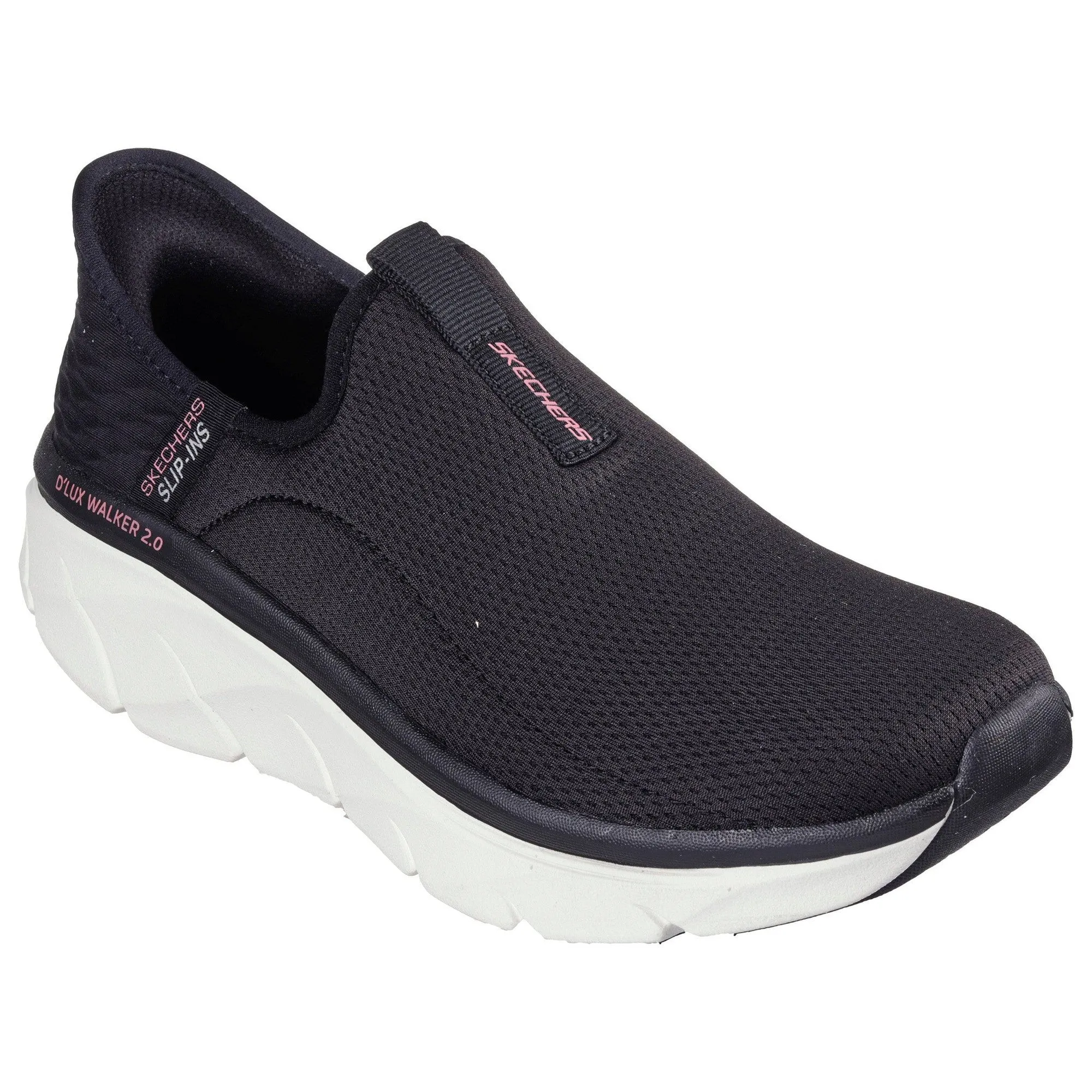 Skechers 150099 D'lux Walker 2.0-Happy Step Slip Ins Ladies Black Pink Textile Vegan Slip On Trainers