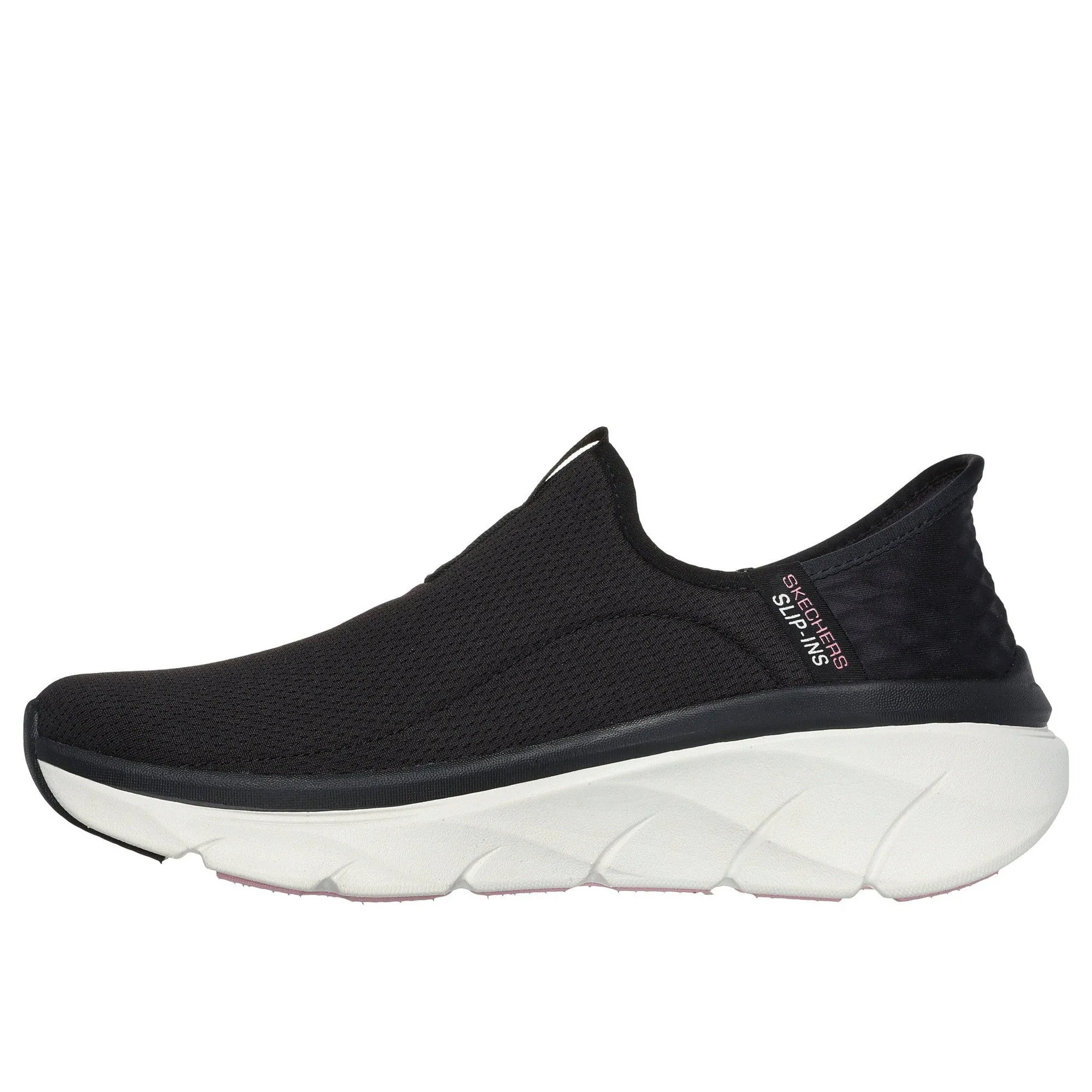 Skechers 150099 D'lux Walker 2.0-Happy Step Slip Ins Ladies Black Pink Textile Vegan Slip On Trainers