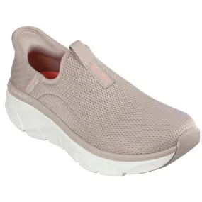 Skechers 150099 D'lux Walker 2.0-Happy Step Slip Ins Ladies Taupe Charcoal Textile Vegan Slip On Trainers