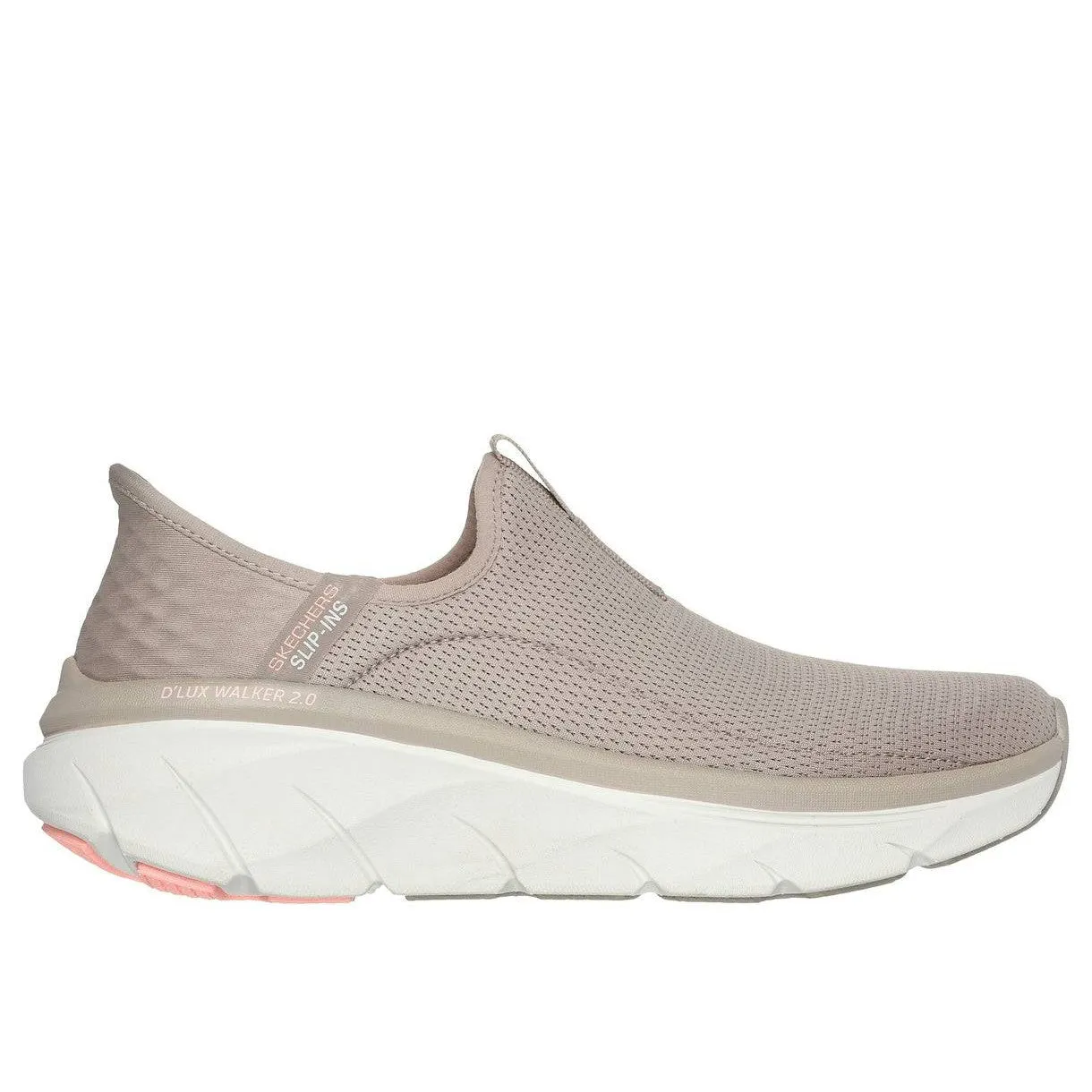 Skechers 150099 D'lux Walker 2.0-Happy Step Slip Ins Ladies Taupe Charcoal Textile Vegan Slip On Trainers