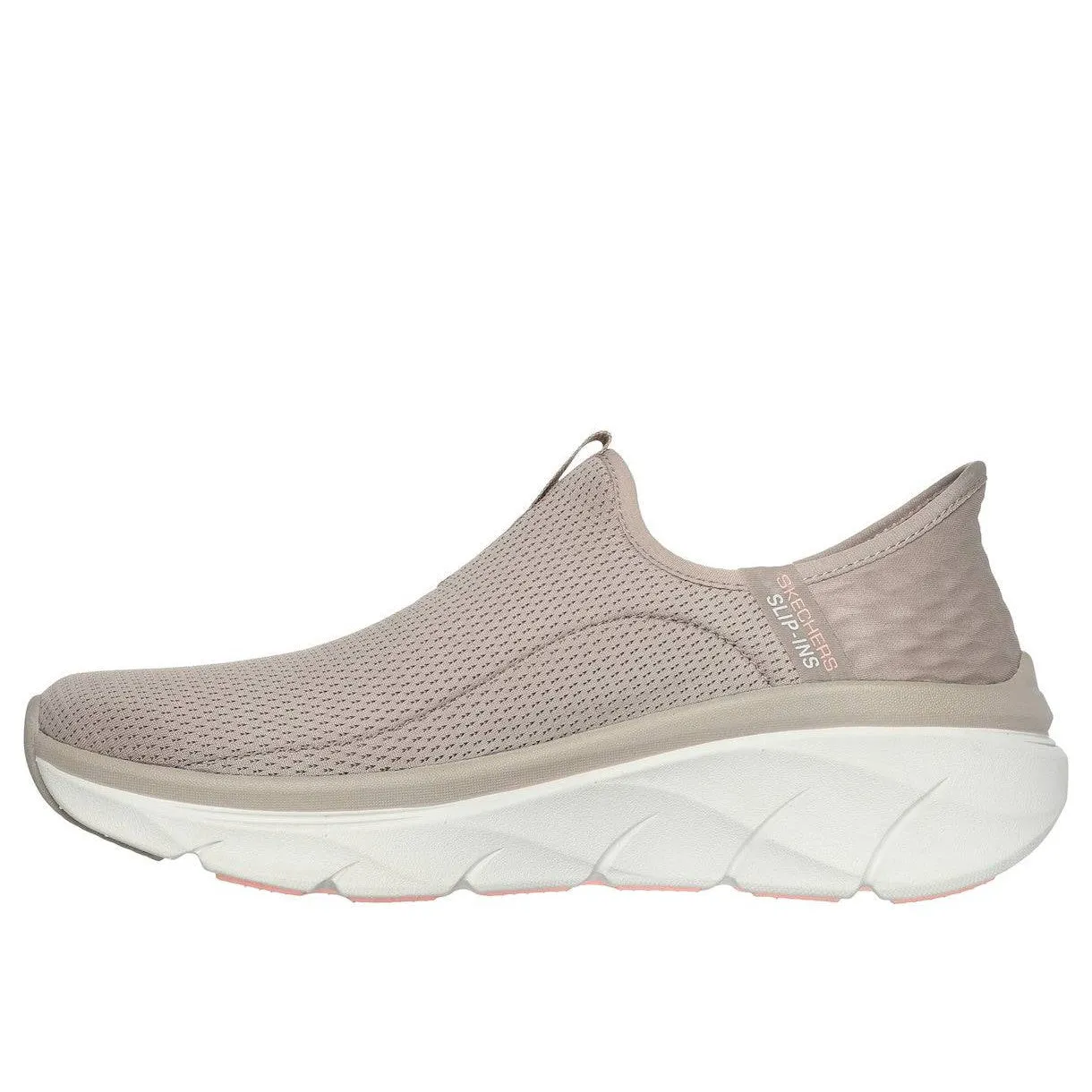 Skechers 150099 D'lux Walker 2.0-Happy Step Slip Ins Ladies Taupe Charcoal Textile Vegan Slip On Trainers