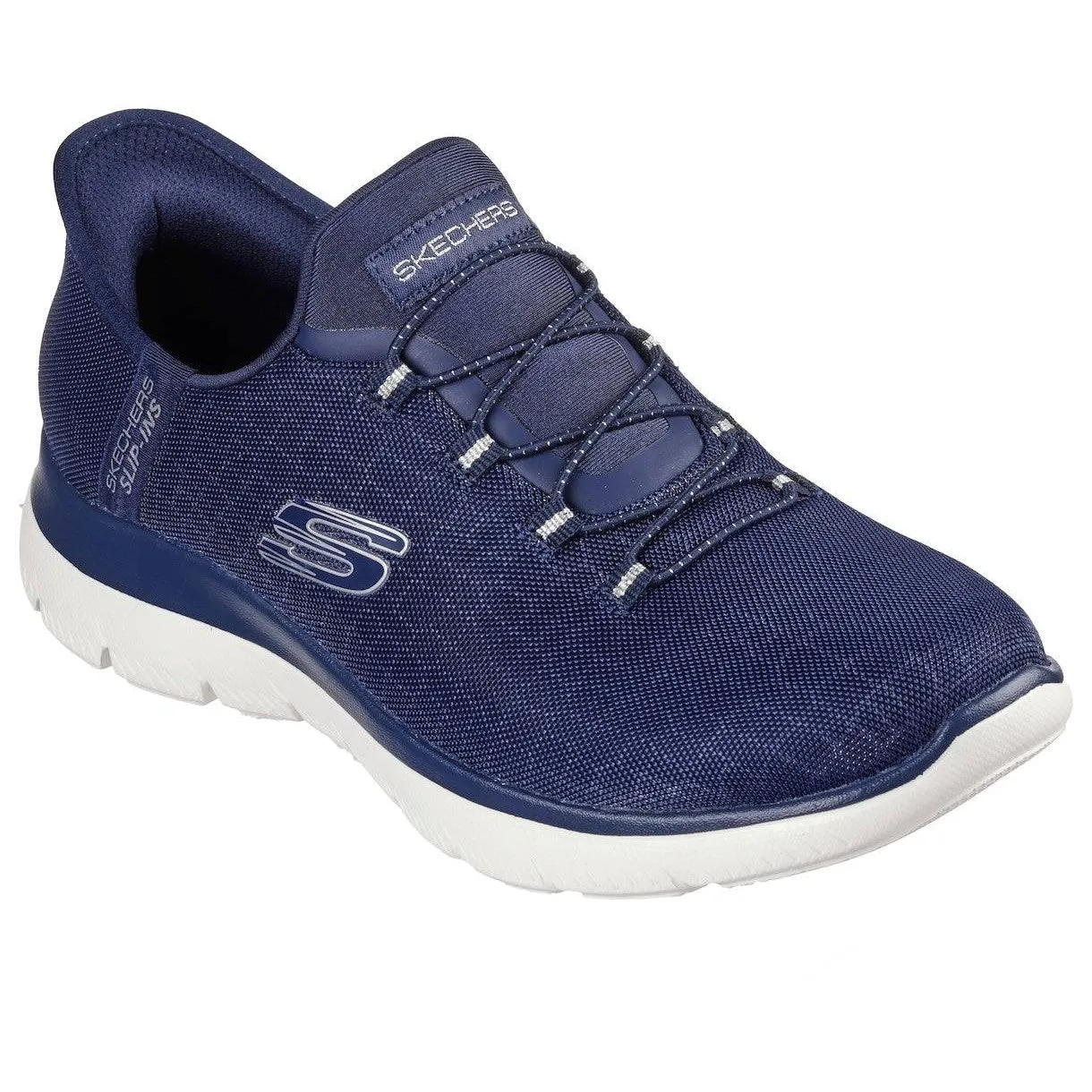 Skechers 150128 Summits-Classy Night Hands Free Ladies Navy Silver Textile Vegan Slip On Trainers