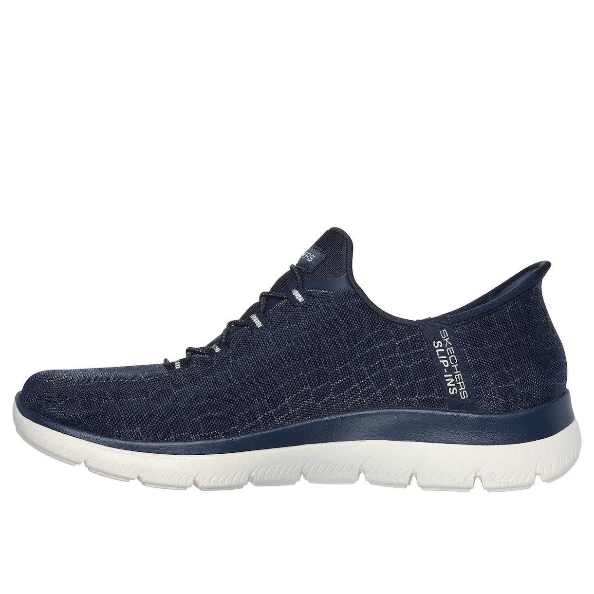 Skechers 150128 Summits-Classy Night Hands Free Ladies Navy Silver Textile Vegan Slip On Trainers