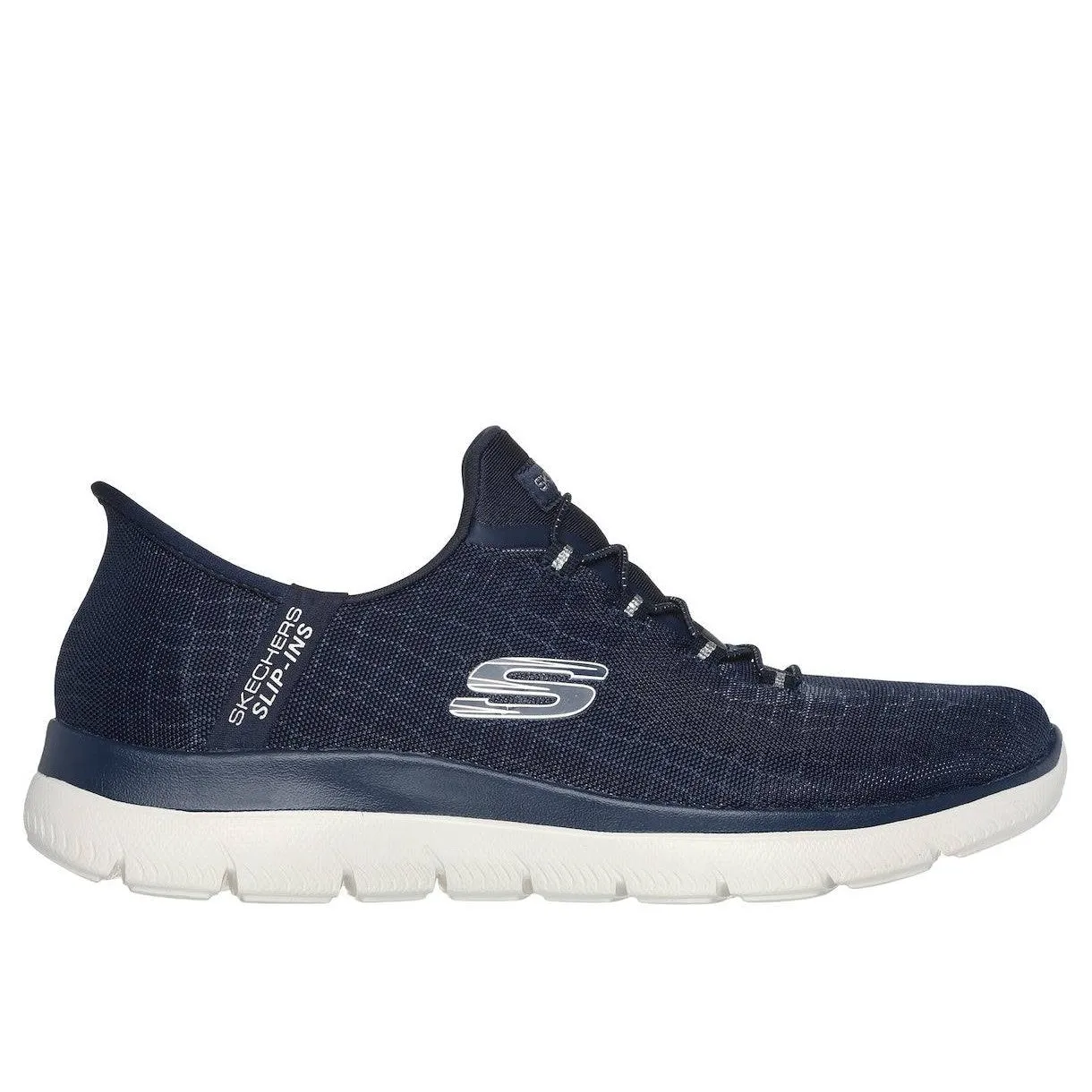 Skechers 150128 Summits-Classy Night Hands Free Ladies Navy Silver Textile Vegan Slip On Trainers