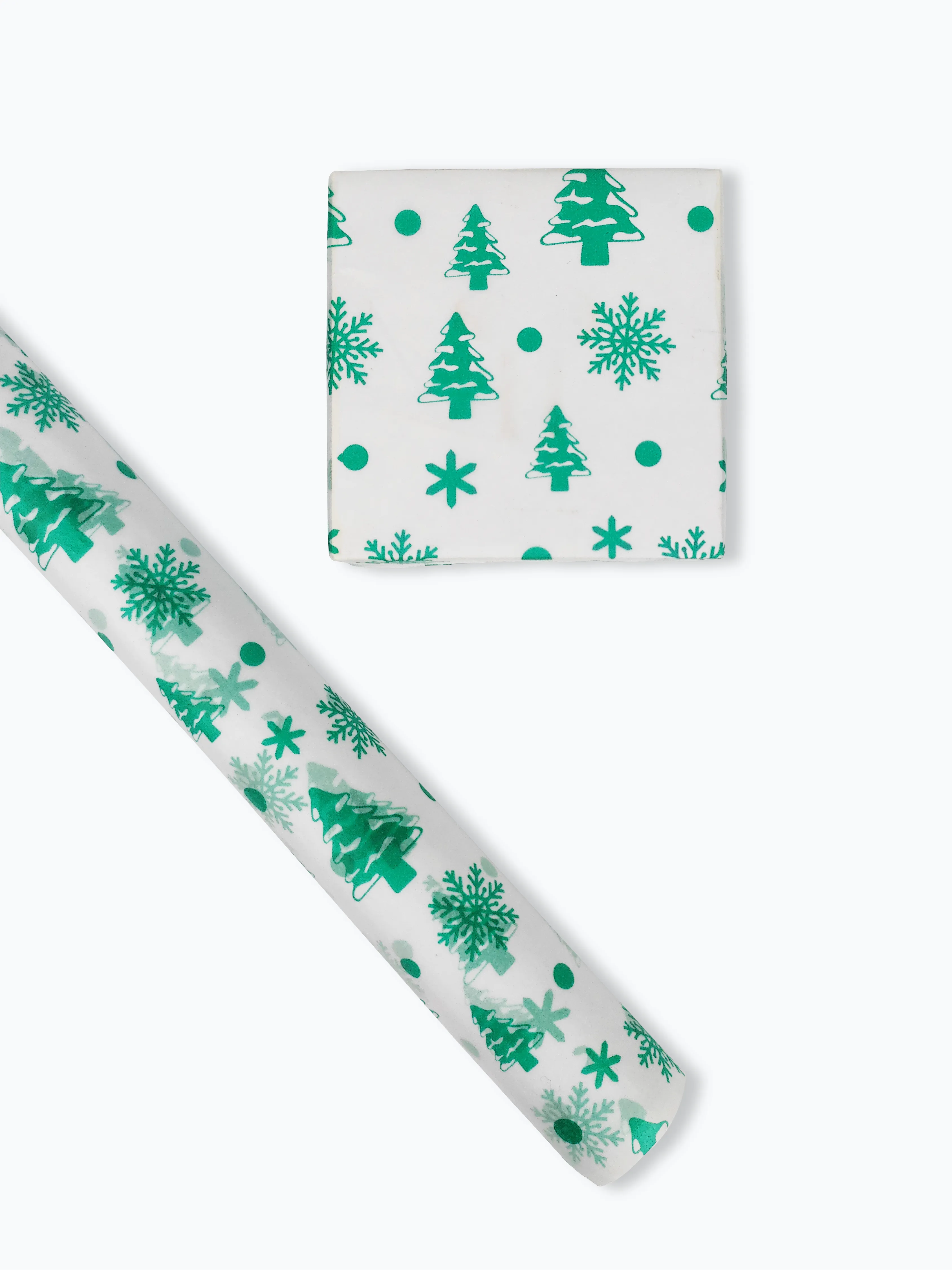 Tissue Paper with Green Tree & Snowflakes for Gift Wrapping.