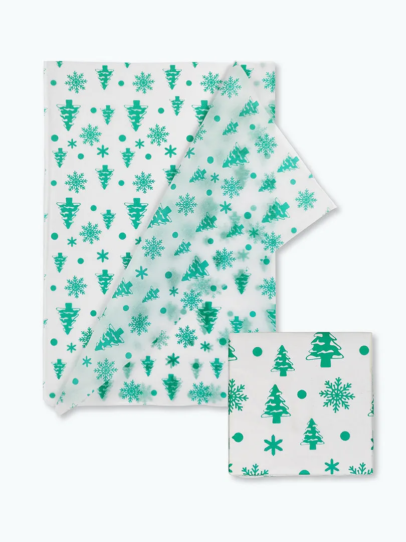 Tissue Paper with Green Tree & Snowflakes for Gift Wrapping.