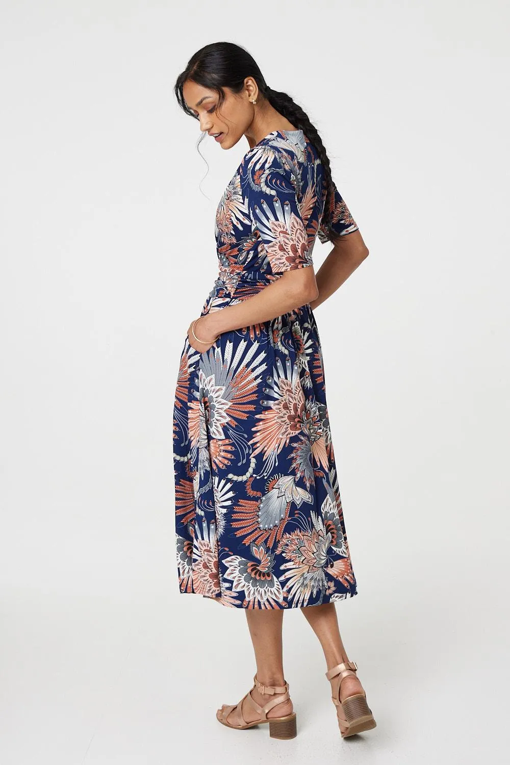 Tropical Print 1/2 Sleeve Midi Wrap Dress