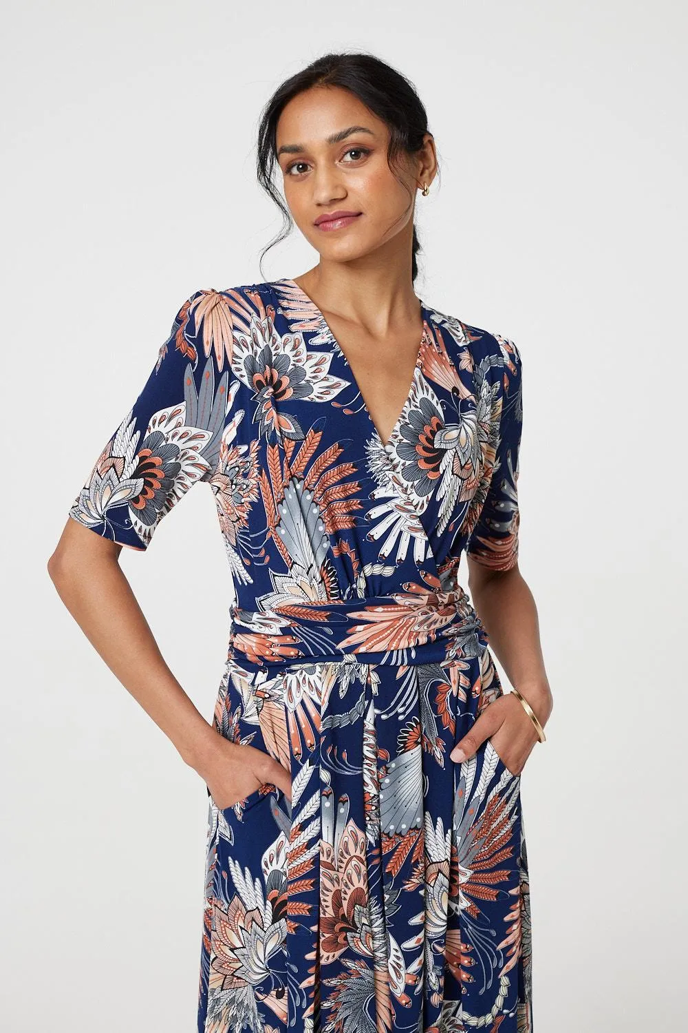 Tropical Print 1/2 Sleeve Midi Wrap Dress